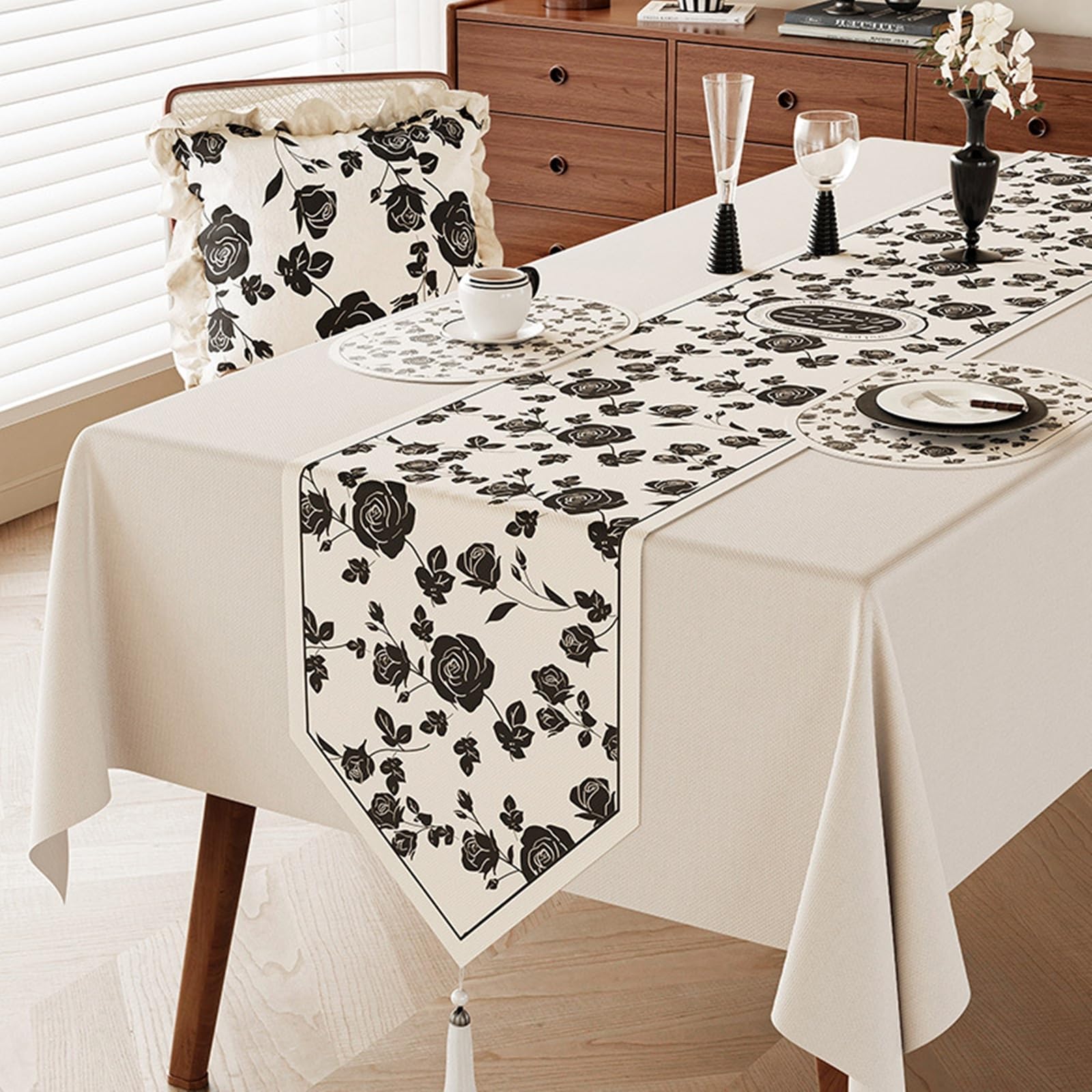 Tischläufer Polyester Wohnzimmer, Tischläufer Modern 30x260 cm, Leinenoptik mit Vintage-Blumenmuster