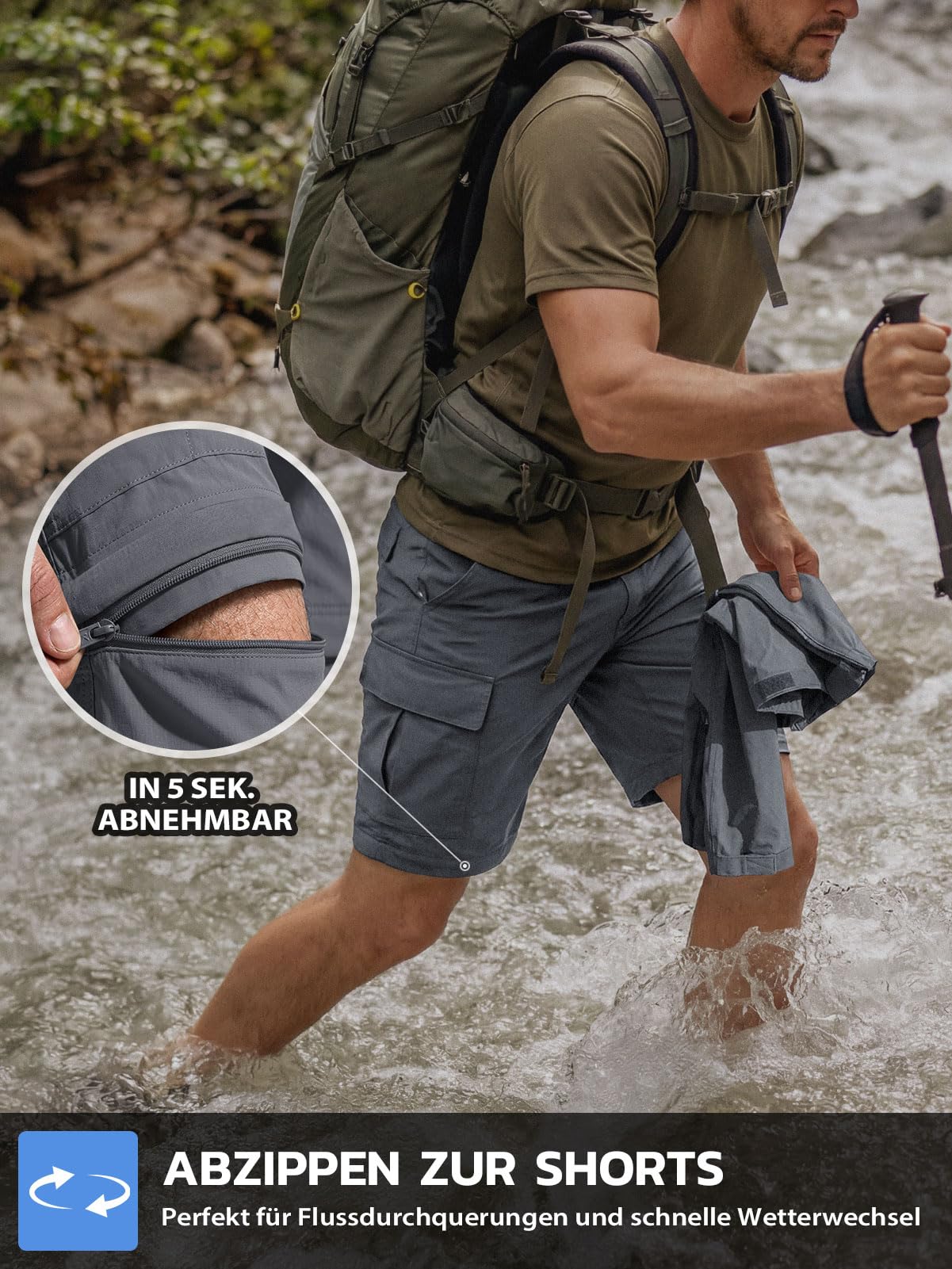 Hiauspor Pantalon de randonnée pour Homme Zip Off Pantalon d'extérieur Léger à séchage Rapide Stretch pour Le Trekking, la pêche, Le Cargo (Gris Foncé, XL)
