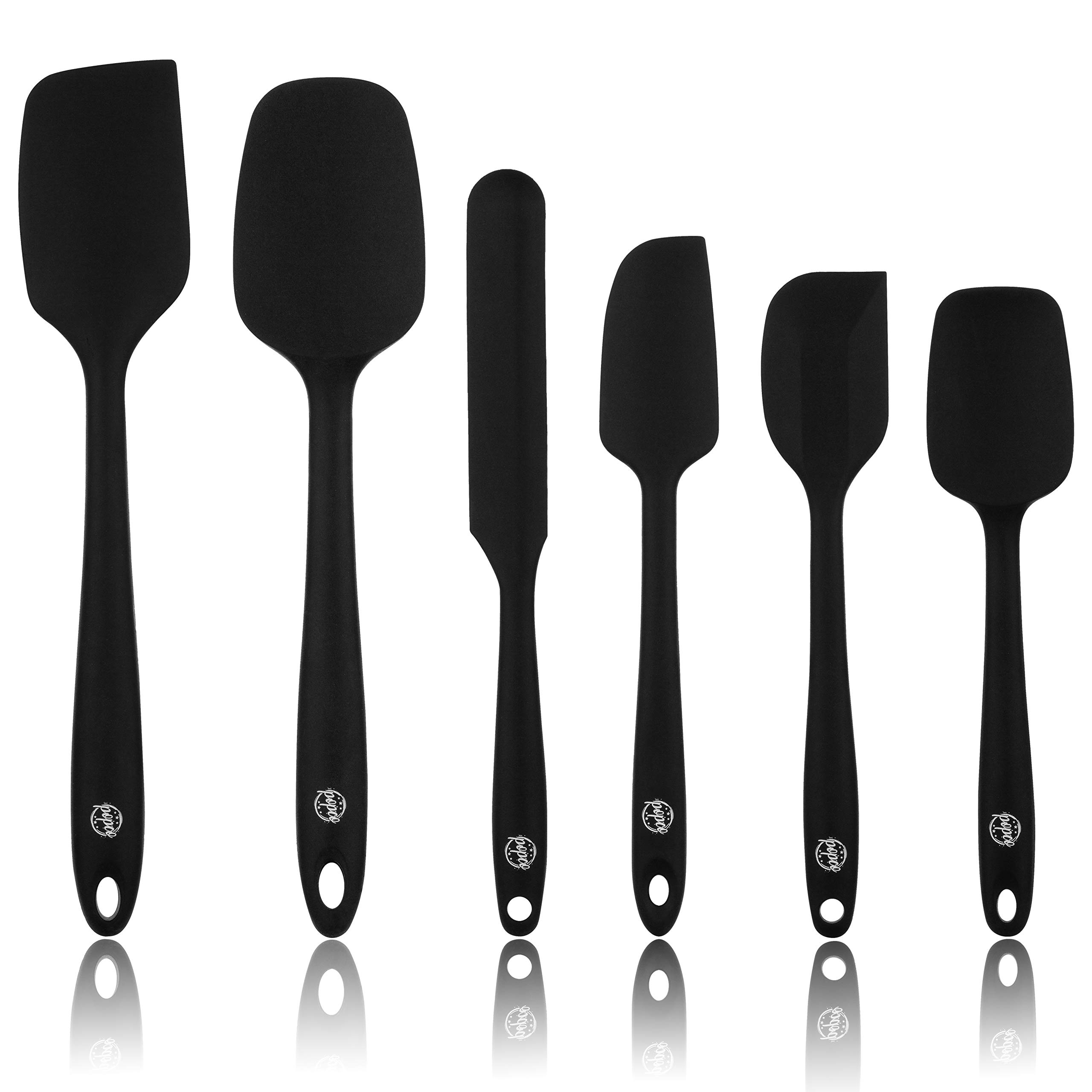 POPCO Heat Resistant Silicone Spatula Set 600F - 6 Versatile Tools Created for Cooking, Baking and Mixing | One Piece Design, Non-Stick & Heat Resistant | Strong Stainless-Steel Core (BLACK)