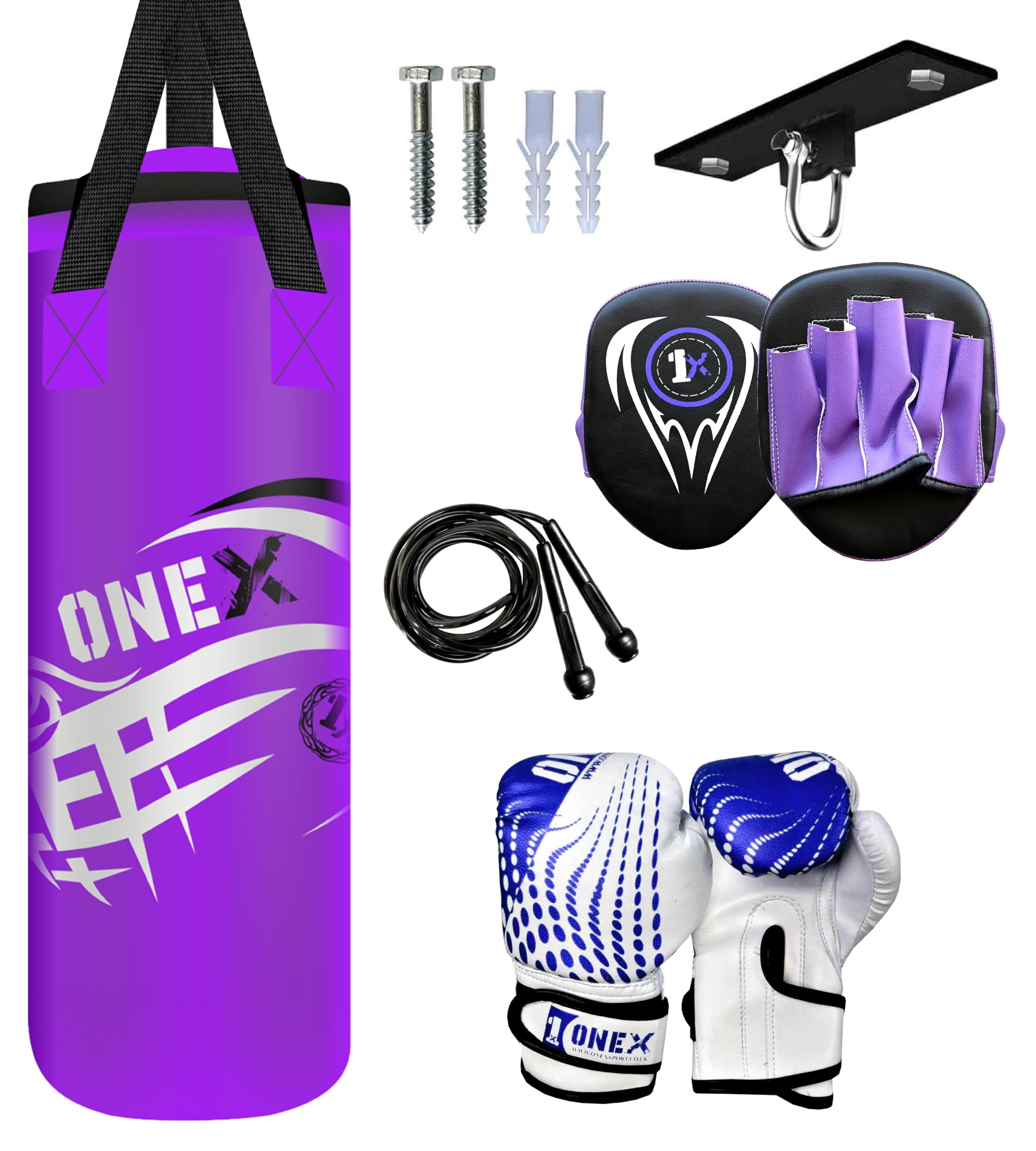 Kids *Punching bag* Gloves Boxing Bag Rucksack Mount Hook Set 2ft Set, Perfect for Junior/Children Workout (PURPLE)