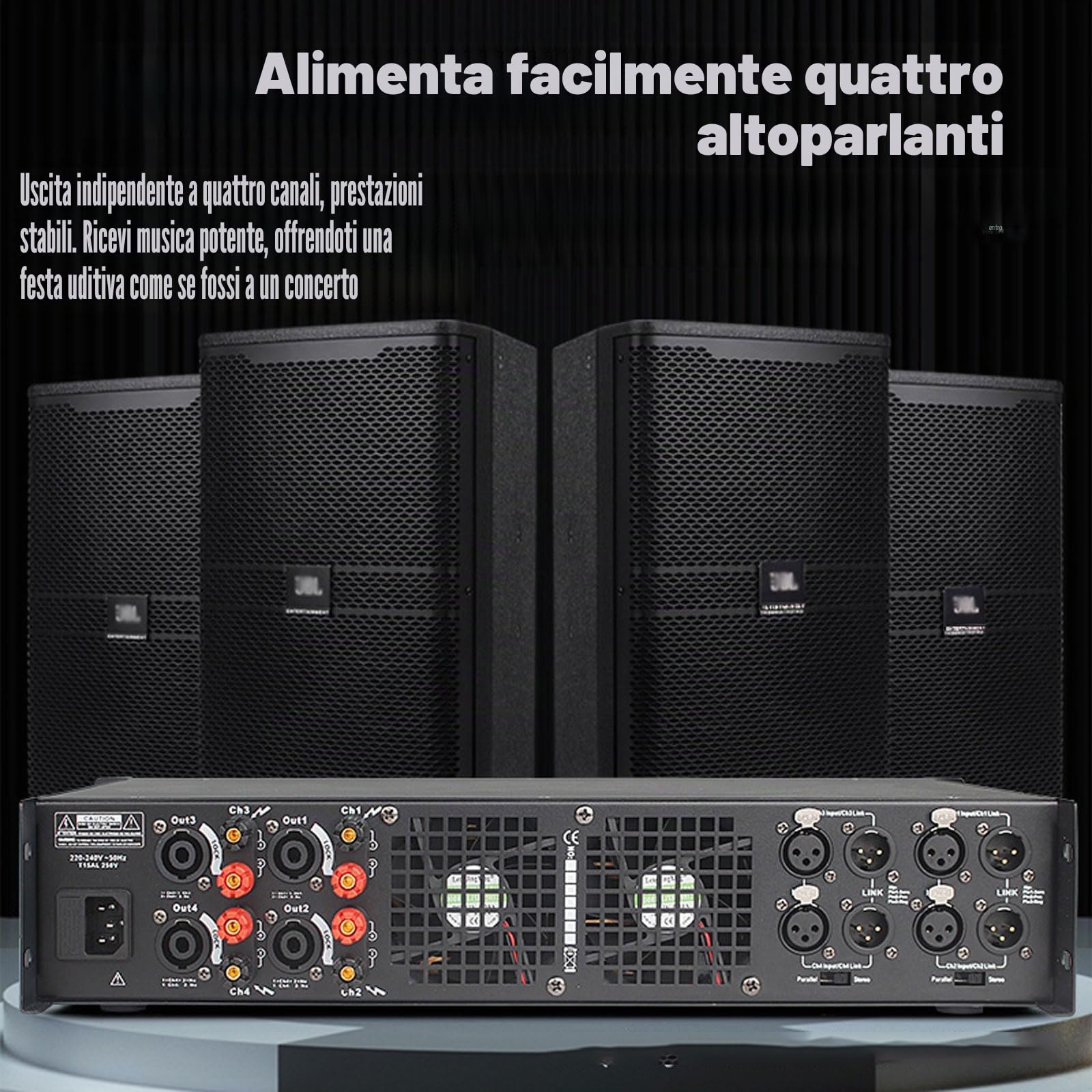 Amplificatore Audio Professionale da 1000 W X 4, Amplificatore di Potenza per La Casa con Luci a Spettro LED, Uscita Indipendente a 4 Canali, 2 Ventole di Raffreddamento, per Casa