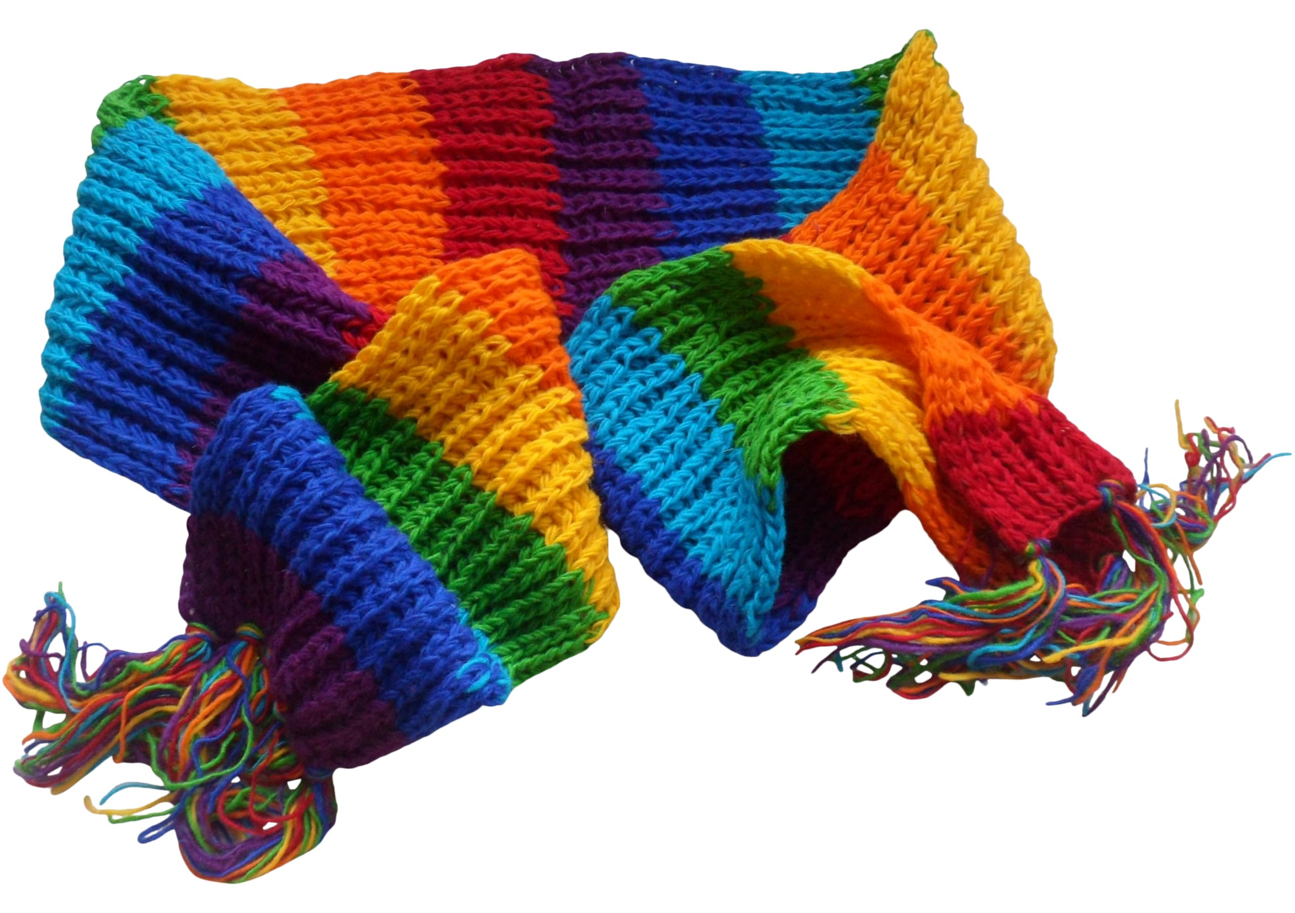 NATURAL FLOW Fair Trade Nepalese Hippy Boho Rainbow Wool Striped Festival Scarf With Fringe (Rainbow - Solid Stripes)