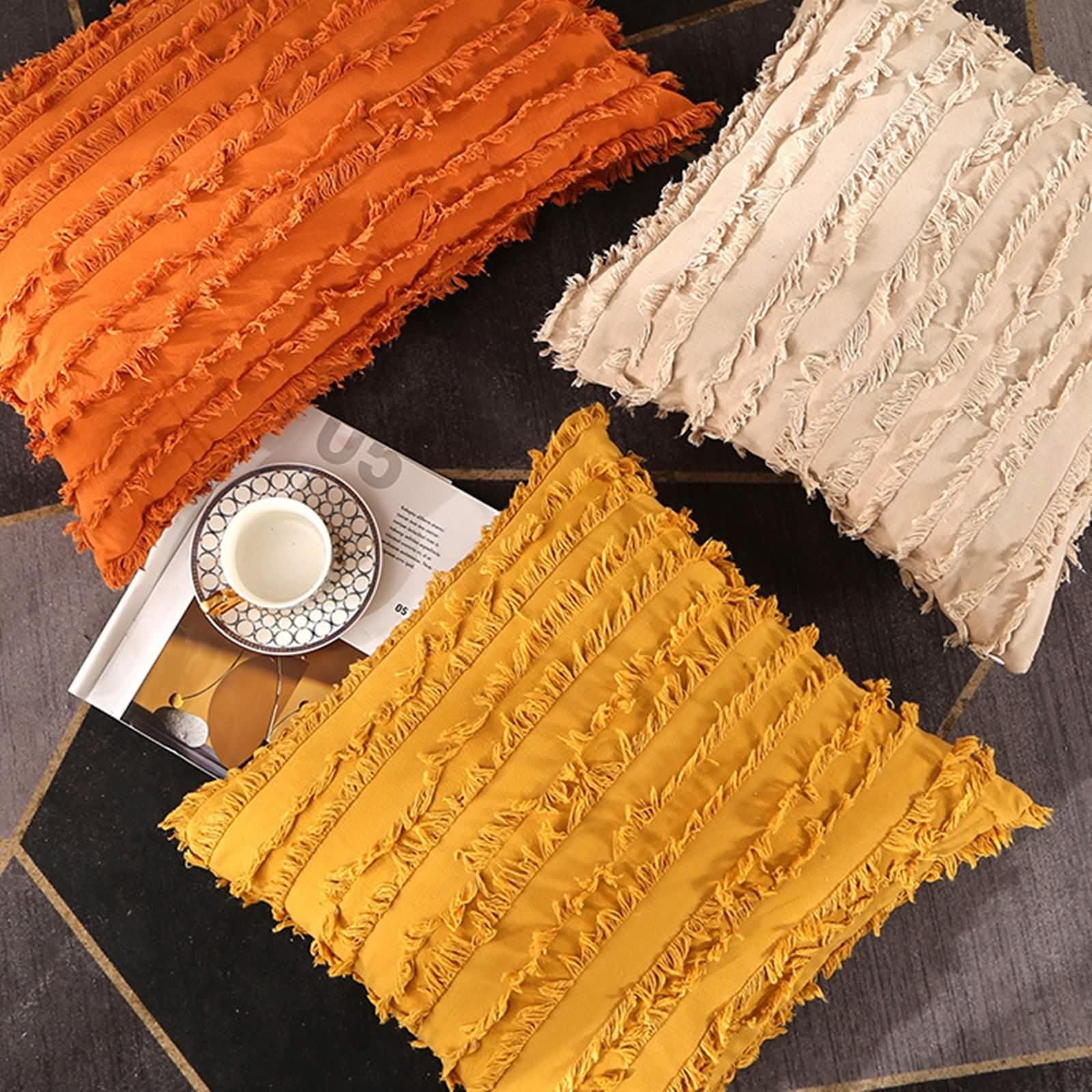 Federe Cuscini 45X45 Boho, Federe Cuscino Letto Tinta Unita Double Face con Nappe Cotone Copricuscini Cachi Chiaro 4 Pezzi per Divano Soggiorno