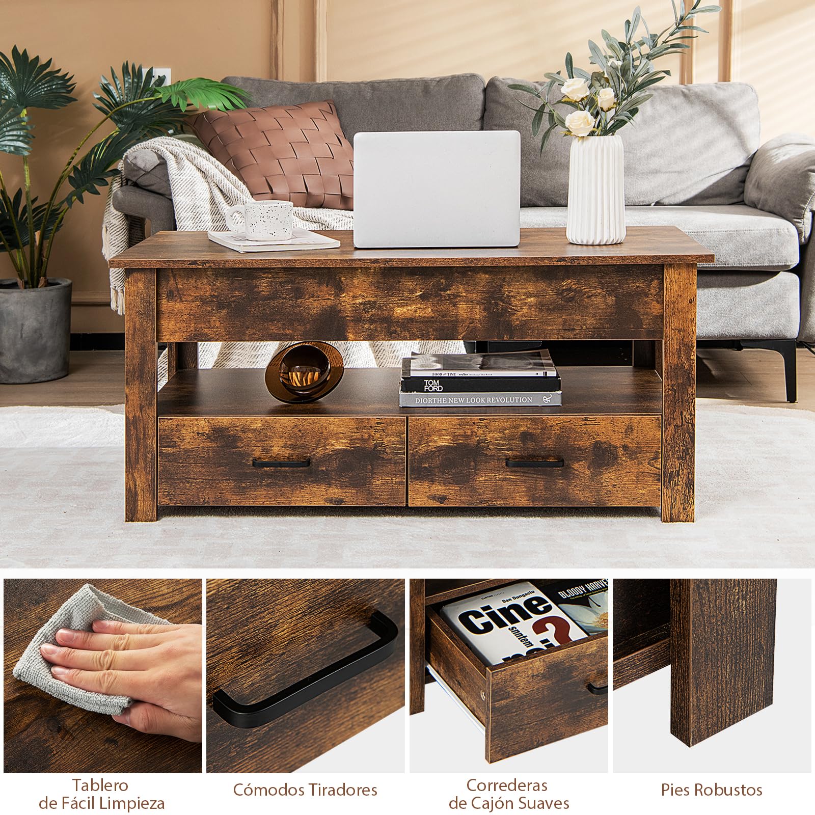 COSTWAY Mesa de Centro con Tablero Elevable, Mesa de Café Industrial con Compartimento, Estante de Almacenamiento y 2 Cajones, Mesita Mueble Salon con Sistema Neumático de Elevación del Tablero