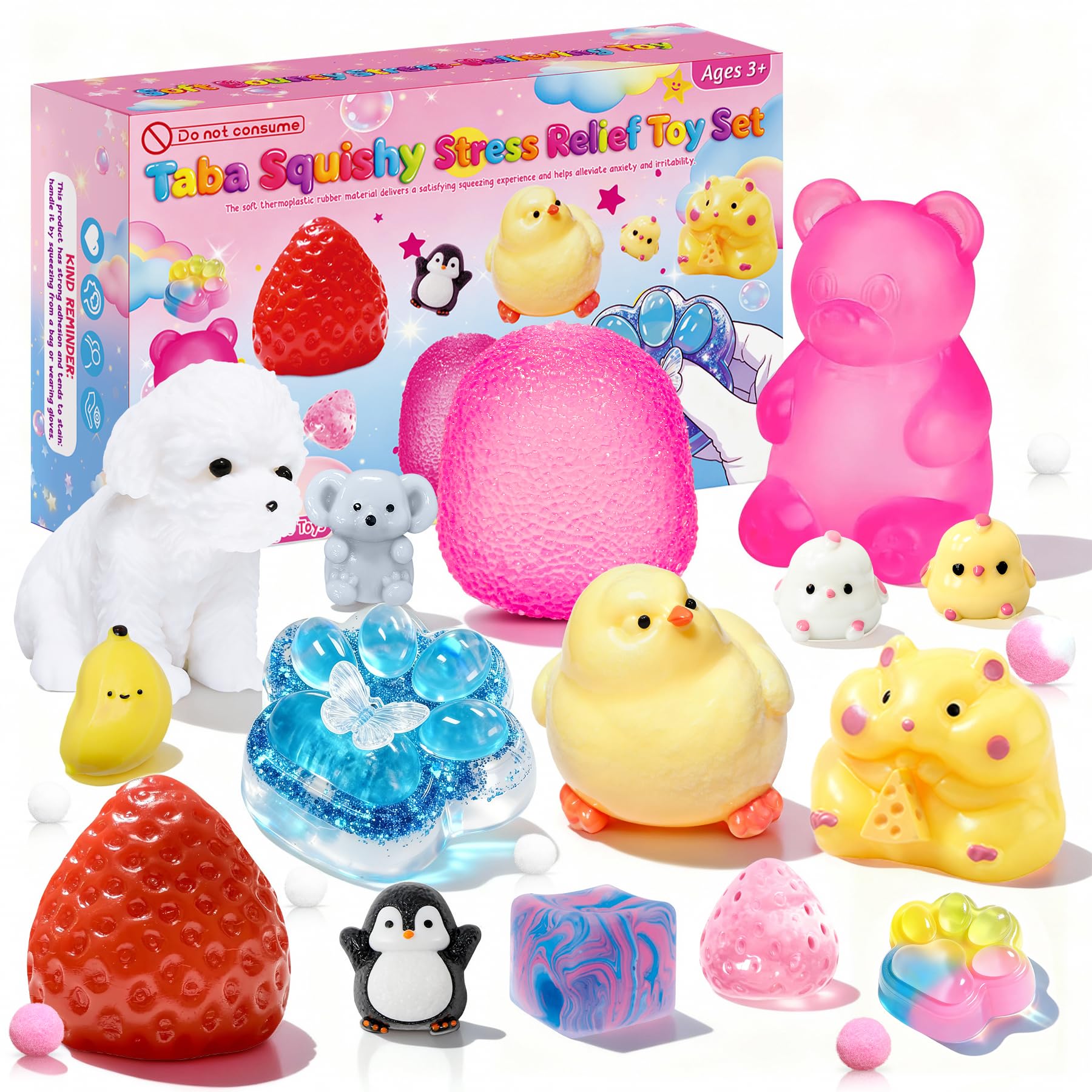 Photo 1 of 15Pcs Taba Squishies Kit, Squishies Fidget Toys, Including Strawberry, Cat Paw, Hamster Toy, Stress Relief Toys Party Favors for Kids 4-8 8-12, Sensory Toys Birthday Easter Gifts