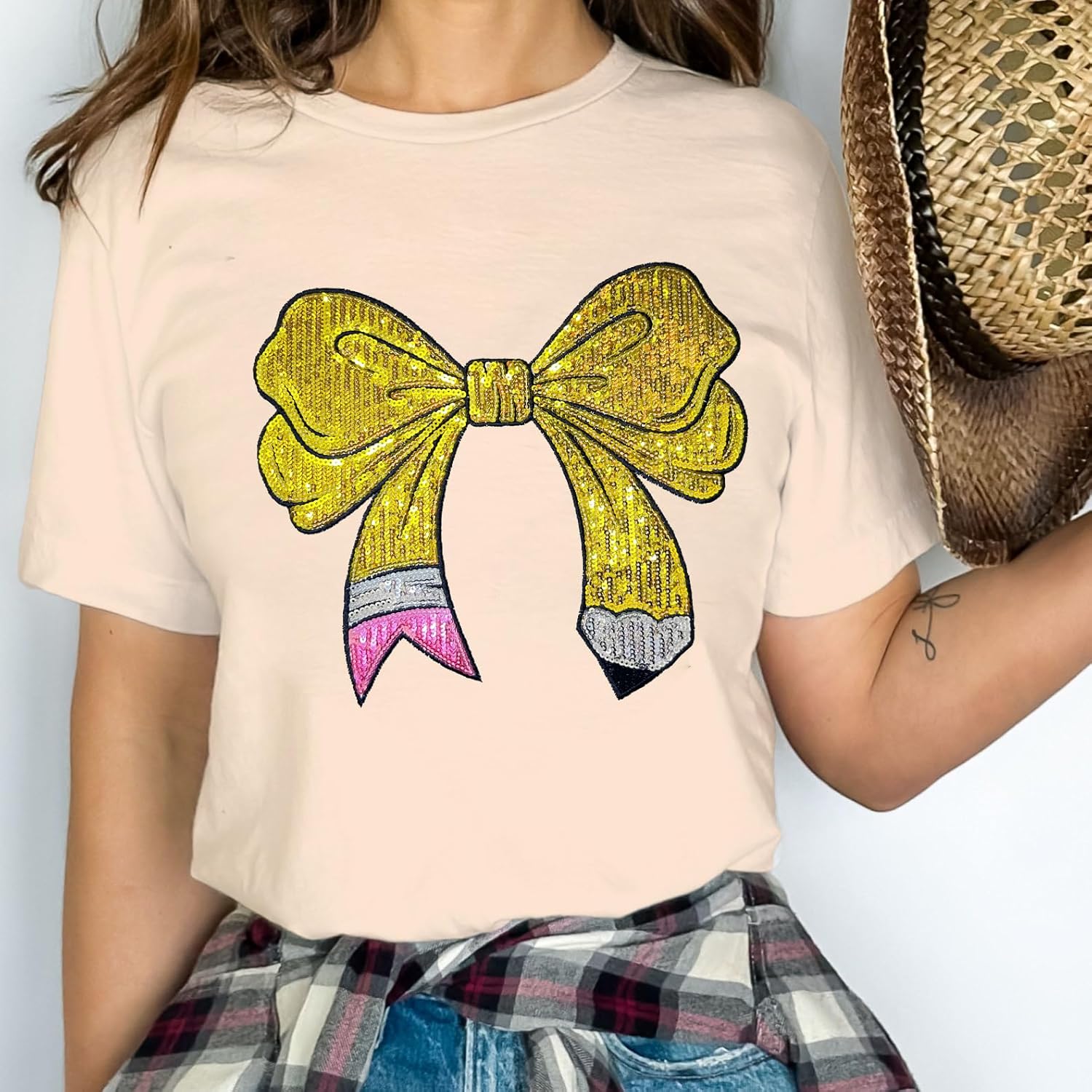 Teacher Shirt for Women Sequin Teacher Pencil Bow T-Shirt Short Sleeve Back to School Tee Tops - Image 3