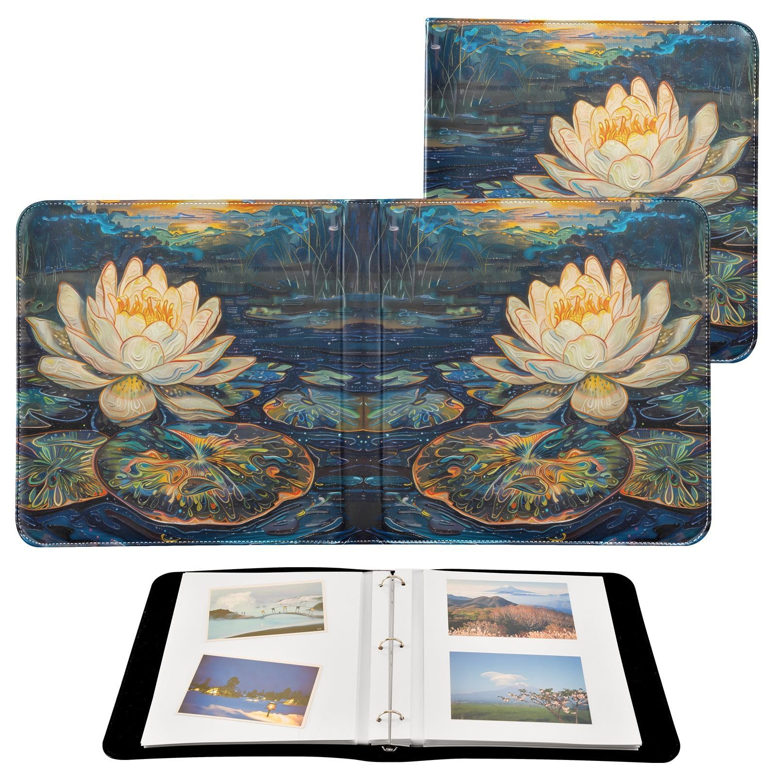 JIPONI Glowing Lotus Van Gogh Large Photo Album, DIY Leather Cover Scrapbook Albums for 4x6 5x7 6x8 Pictures, Self Adhesive Memory Book for Wedding, Baby, Family