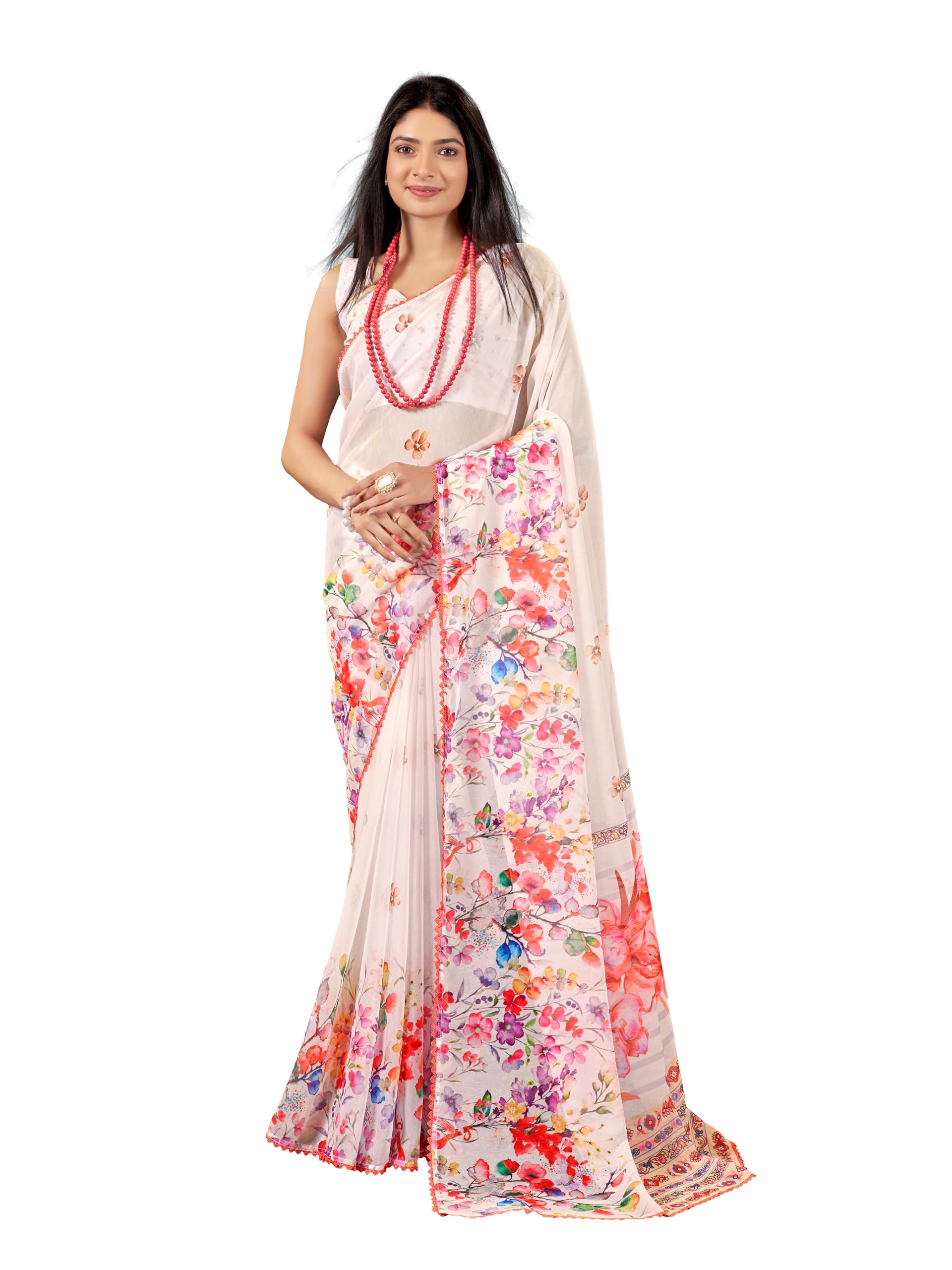 - Floral Printed Slub Taspa Saree With Unstitched Blouse Piece