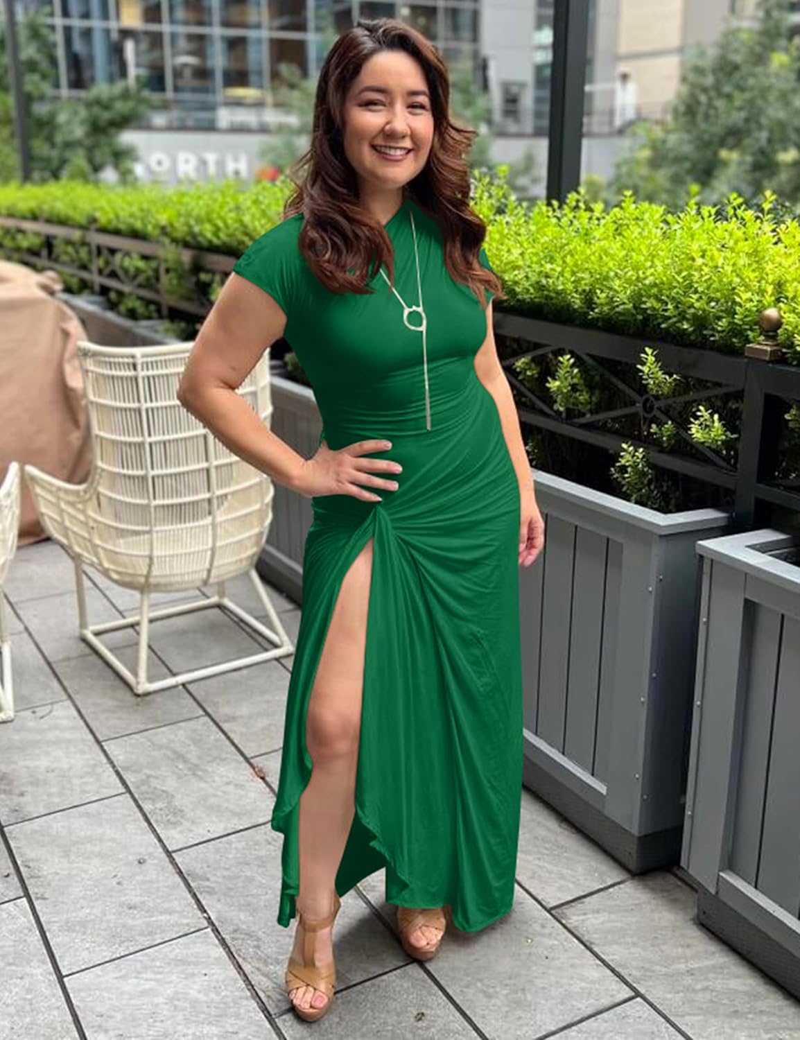 YMDUCH Women's Casual Short Sleeve Boat Neck Ruched High Split Bodycon Long Party Dress - Image 4