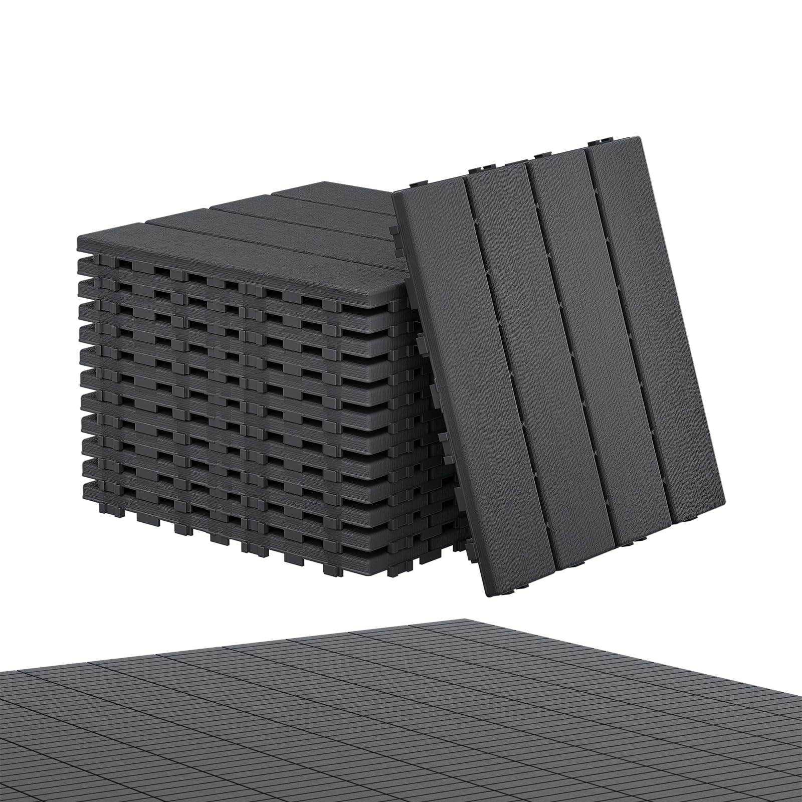 Aufun 44 Stück Balkonfliesen 30x30cm, Terrassenfliesen in Holzoptik, Wasserfeste Gartenfliesen Kunststoff mit Klick-System, Bodenbelag für Balkon, Terrasse, Außenbereich, Dunkelkaffee, 4m² Anthrazit