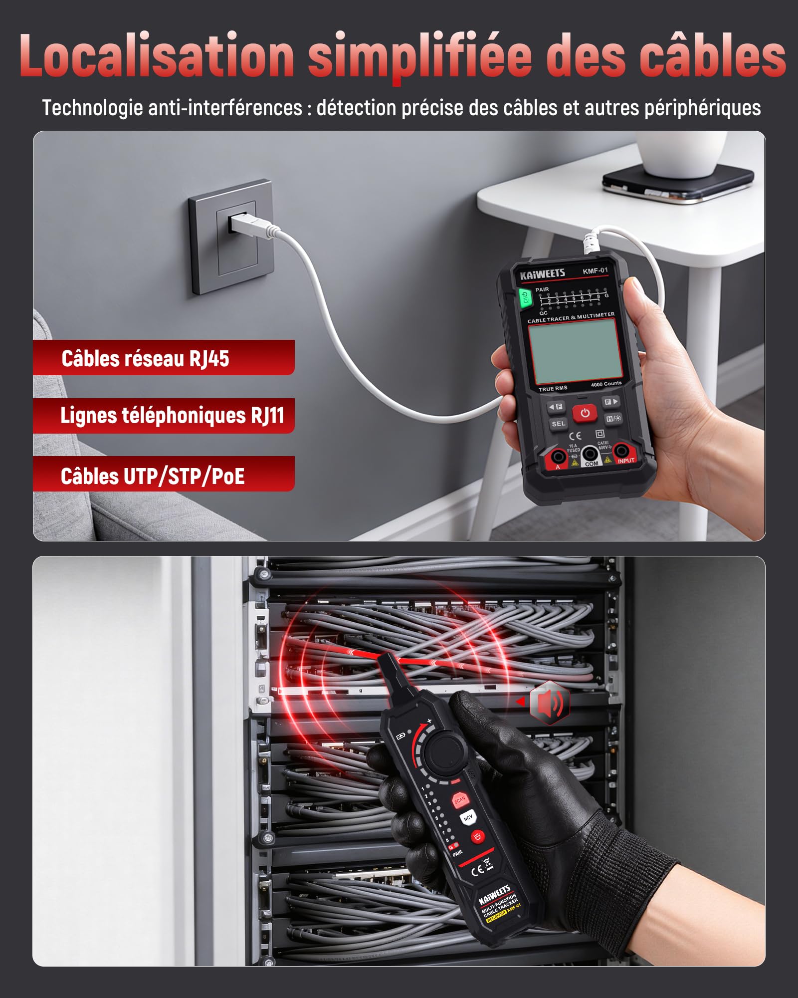 KAIWEETS Multimètre Numérique & Détecteur de Câbles 3-en-1, Multimètre Digital Automatique de Valeur Efficace Vraie 4000 Comptes, Testeur de Câbles RJ45/RJ11 et NCV pour Electriciens, Bricoleurs, Etc