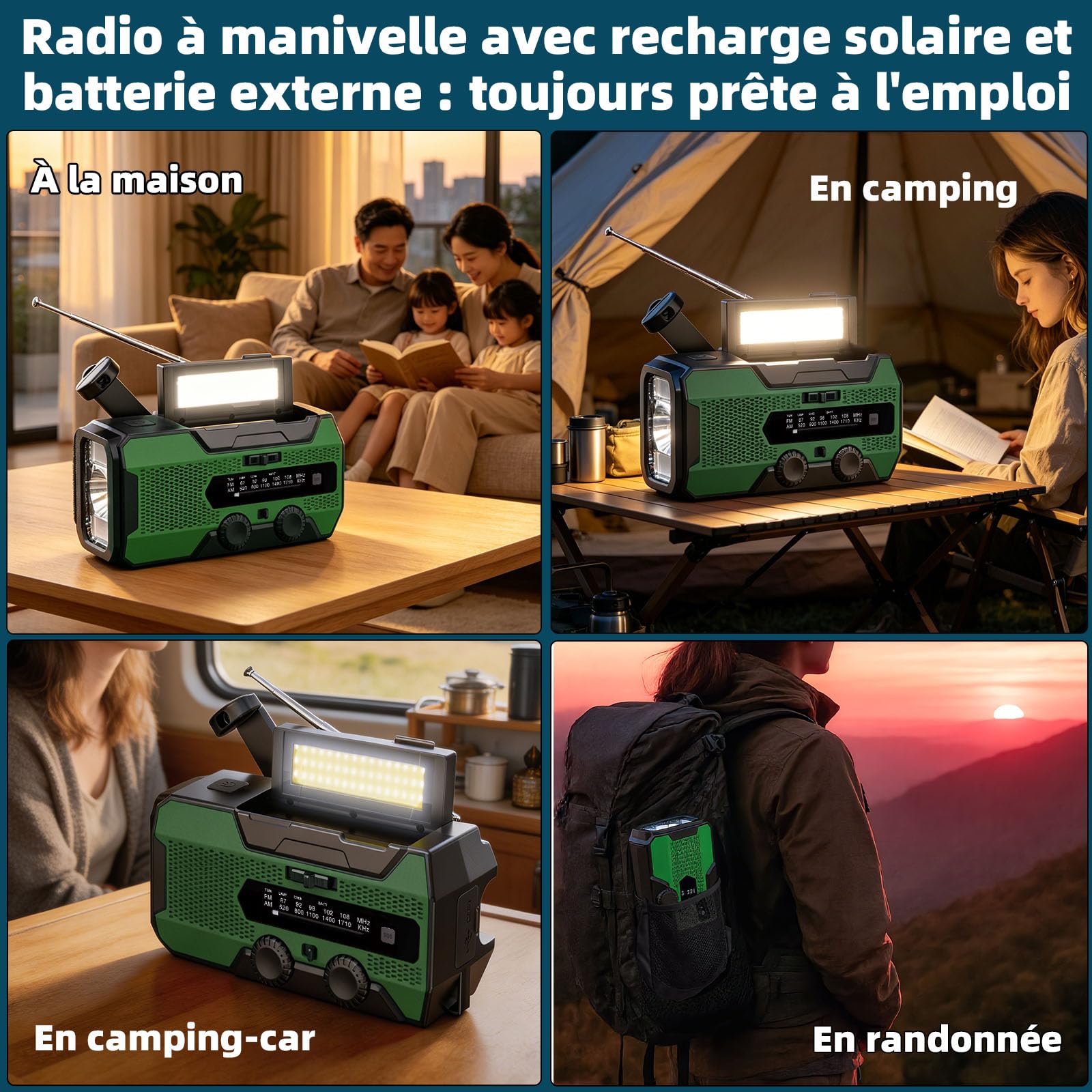 SOLARBABY A1 Radio a manovella, Radio Solare Portatile con 10000mAh Powerbank, AM/FM Radio di Emergenza Solare con Torcia Luce di Lettura Allarme SOS USB per Emergenze Blackout Campeggio, Verde