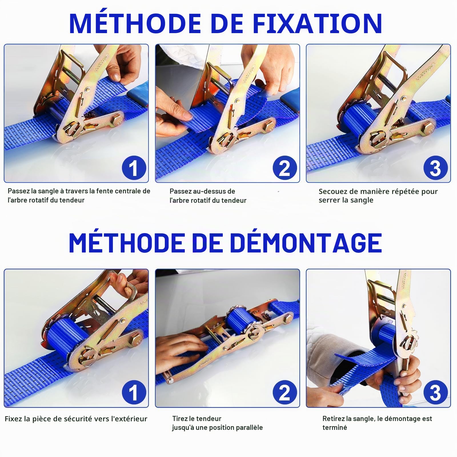 4 pièces 5000 kg Sangle à Cliquet 9m,Sangles d'arrimage,50mm,Sangles de Serrage avec cliquet et Crochets,aux intempéries,pour l'arrimage Professionnel du Chargement des camions/Motos/Cargos,Bleu