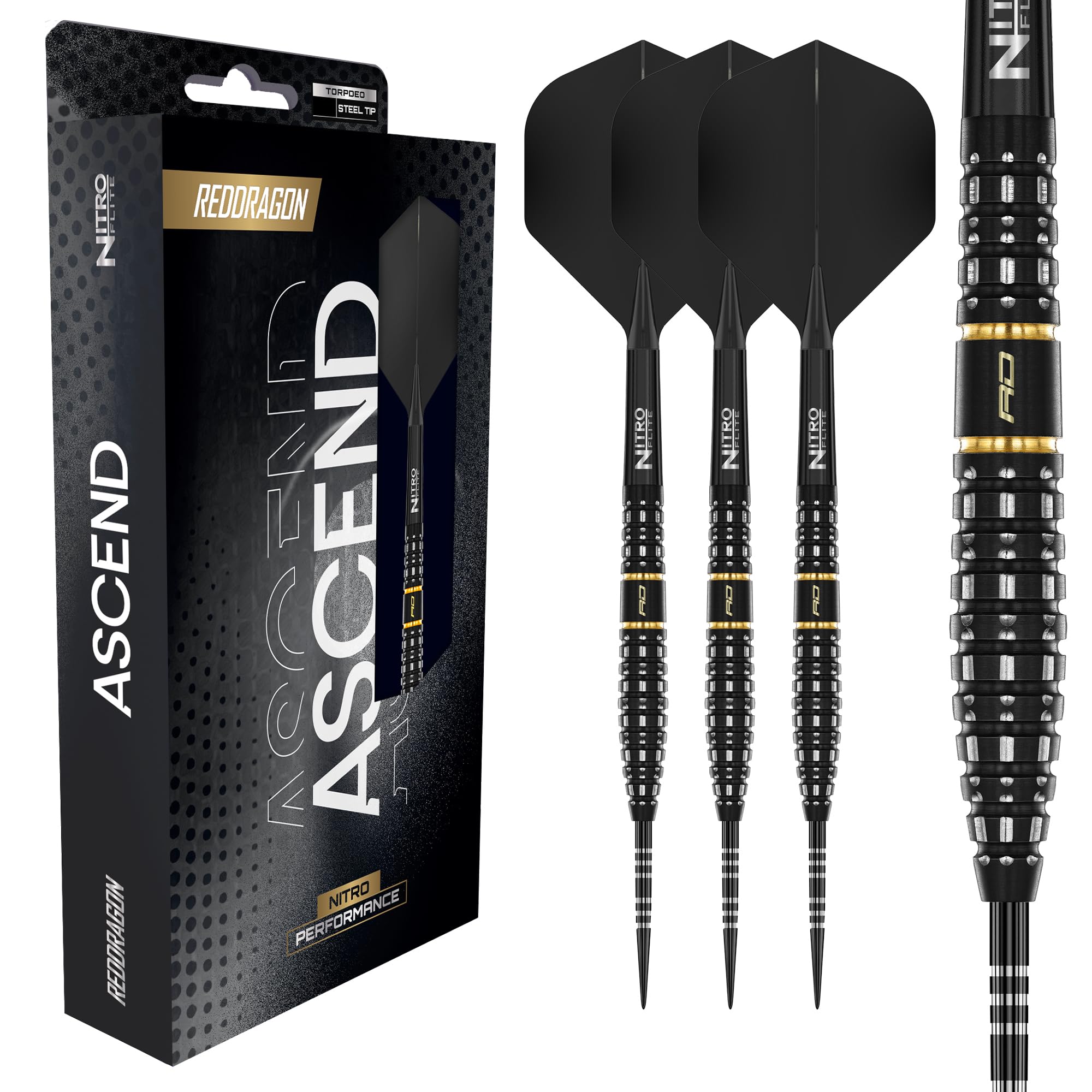 RED DRAGON Darts - Ascend Series - 25g Torpedo Barrel - Steel Tip Dart Set - 90% Professional Tungsten Darts Set - Nitro Flite Integrated Flight/Shaft, Dart Flights & Stems