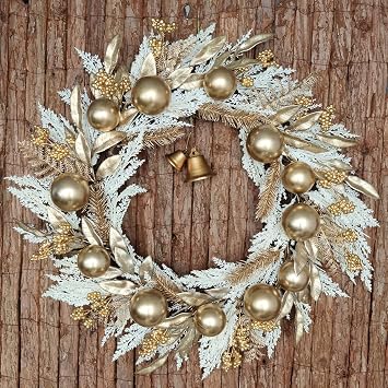 24" Gold Christmas Wreaths for Front Door, Gold Berry Leaves Bells Balls Xmas Wreath with White Fake Pampas Grass, Door Reef for Windows Fireplaces Walls, Front Porch Indoor and Outdoor