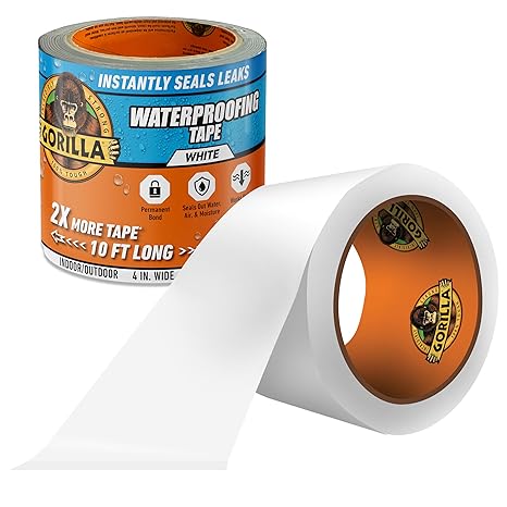 Gorilla Waterproof Patch & Seal Tape, White Tape, 4 x 10' (Pack of 1) - Permanent Weather Resistant Seal for Leaks and Repairs