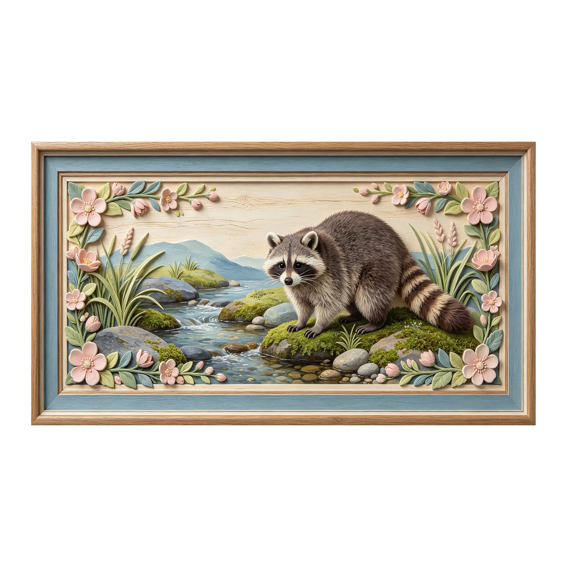 Yzpallescene 3D 3D Framed Wall Art 50cm×90cm Raccoon Forest Stream Landscape Relief Effect Large Size SelfAdhesive Removable Wall Decor Prints Artwork for Living Room Bedroom Office