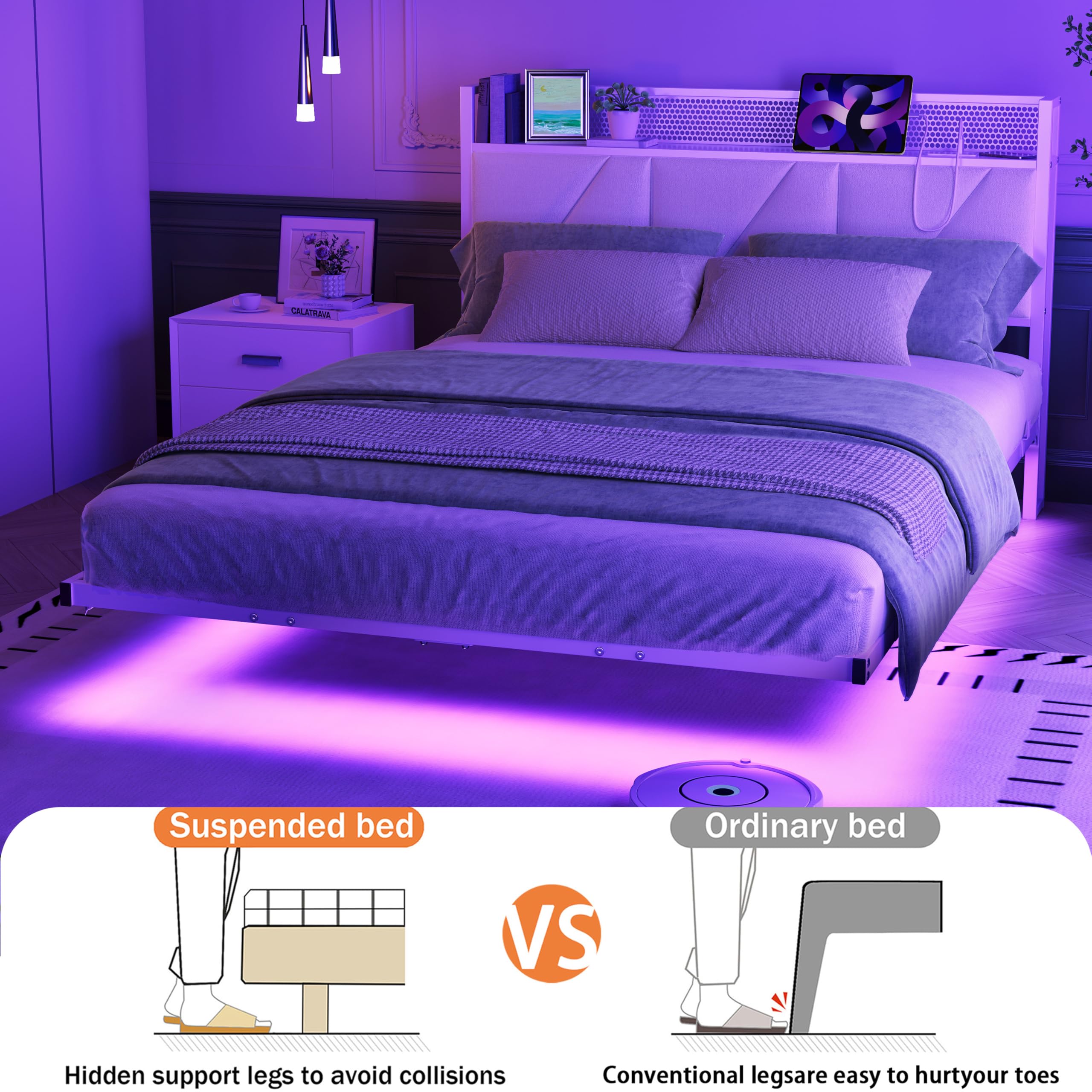 Marco de cama flotante de 120 x 200 cm con luces LED y estación de carga USB, marco de cama de plataforma metálica con cabecero acolchado y almacenamiento, listones de metal resistentes, libre