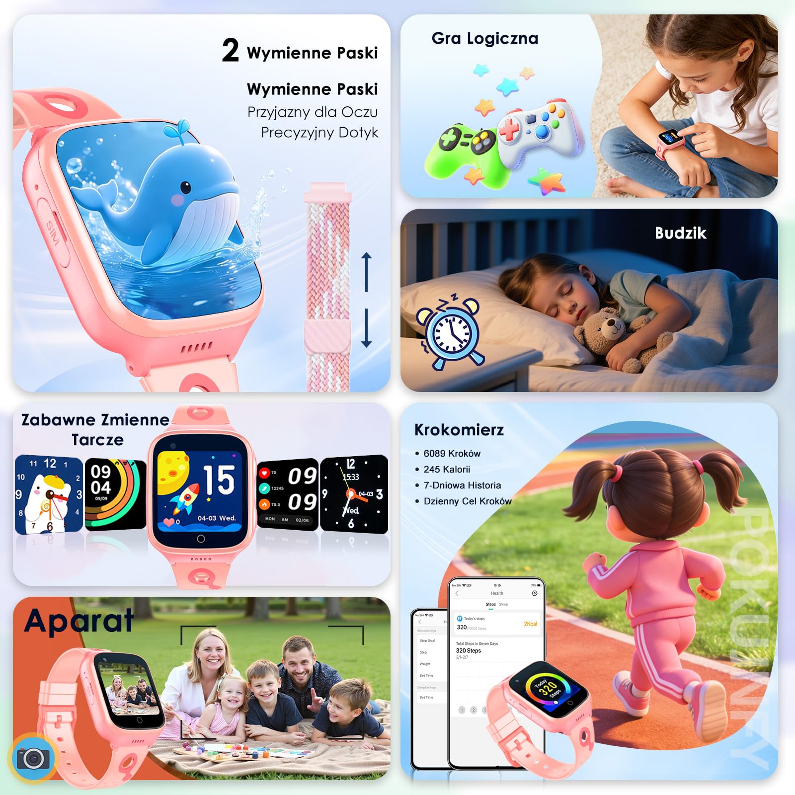 4G Smartwatch dla Dzieci dla Chłopców Dziewczynek - GPS Tracker Rozmowy Wideo Telefon Czat Głosowy SOS Tryb Klasowy Kalkulator Budzik Gra Krokomierz - Cyfrowy Smartwatch Dziecięcy Prezenty