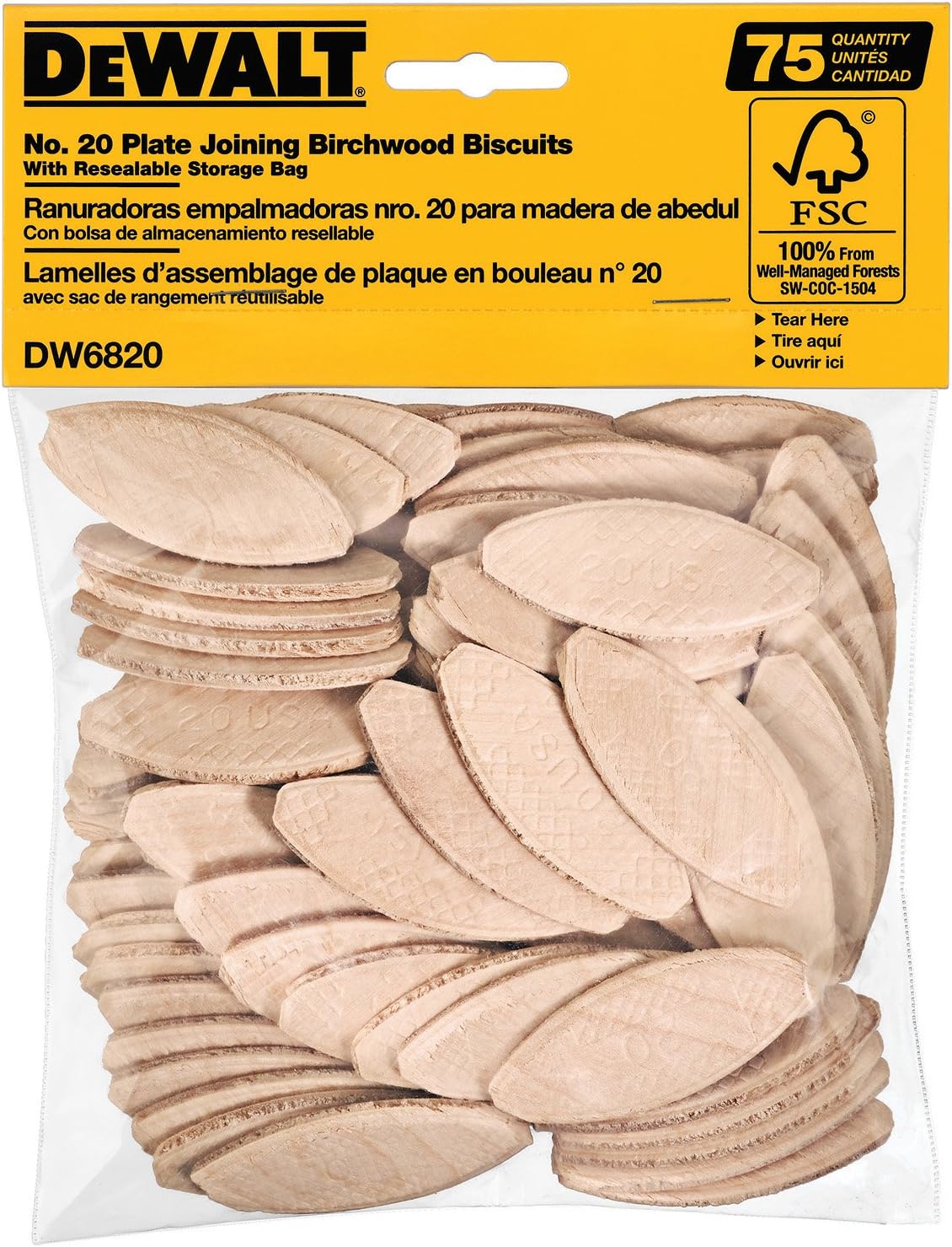 DEWALT Joiner Biscuits, No. 20 Size, 75-Piece (DW6820)