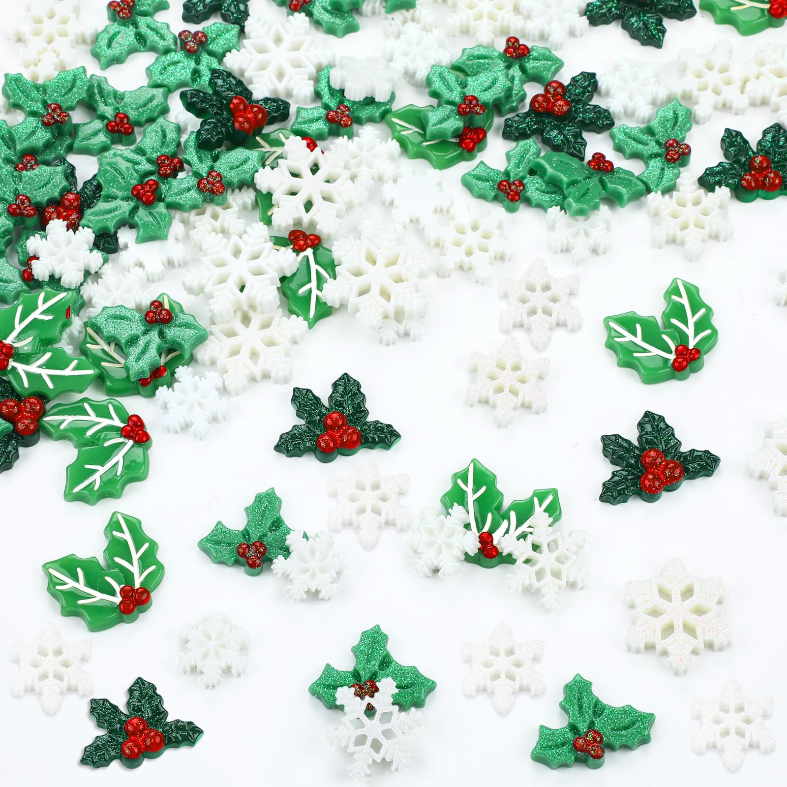 100 Pcs Mini Resin Snowflake & Holly Leaves - Tiny Christmas Decor For DIY Crafts, Tree Ornaments, Gift Embellishment