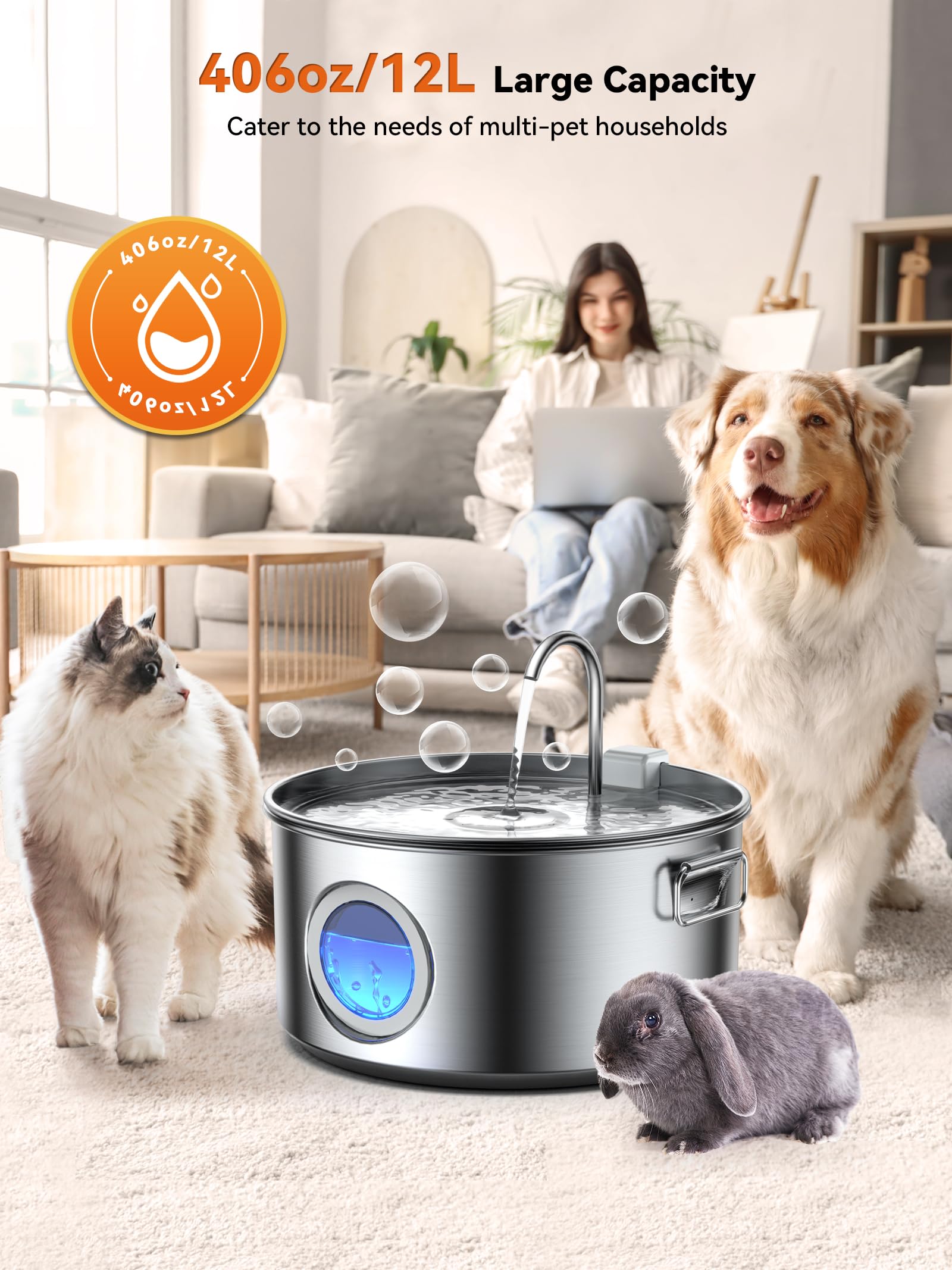 Dog Water Fountain for Large Dogs, 3.2Gal/406oz/12L Stainless Steel Pet Water Fountain, Quiet Dog Water Bowl Dispenser with Visible Window for Large Dog, Multi-pet Home