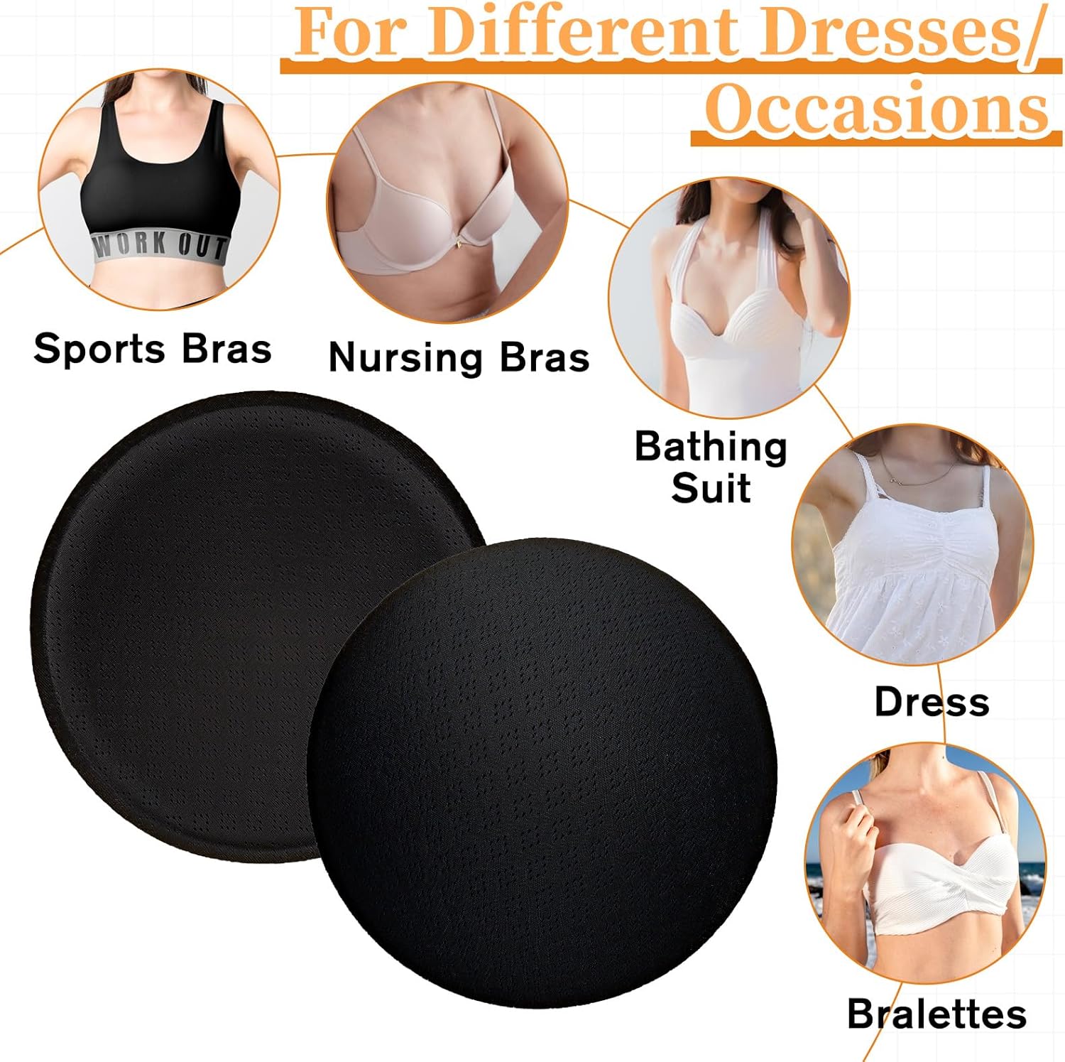 2 Pairs Round Bra Inserts Pads Bra Pads Inserts Removable and Washable Bra Liners Sports Yoga Bra Pad for Women Bikinis Top Swimsuit Sport Bra(Black) - Image 4