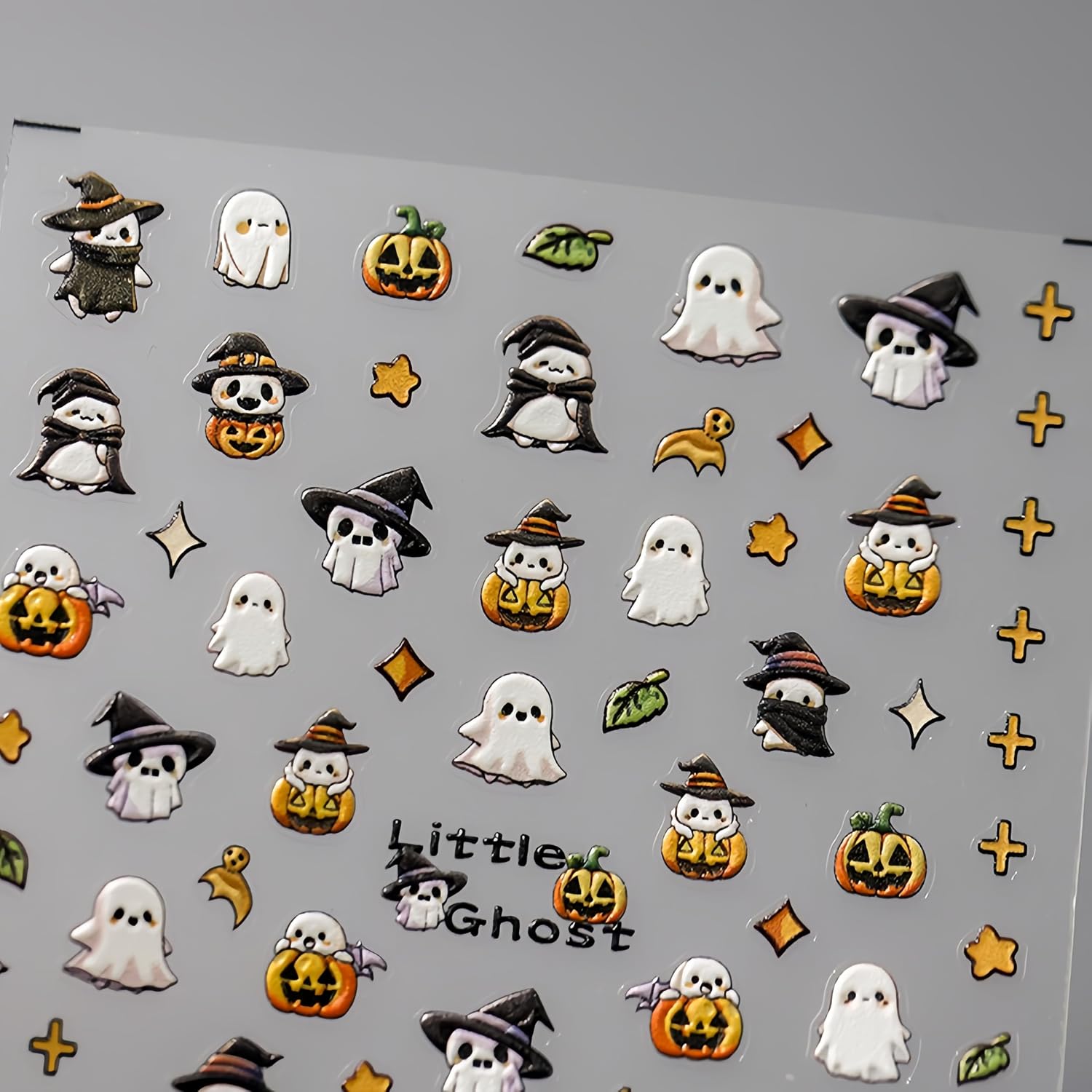 1 Sheet Halloween Ghost Nail Stickers 5D Self-Adhesive Embossed Cute Ghost Nail Decals Stars Leaf Pumpkin Nails Design Pumpkin Nail Art Stickers Halloween Holiday Nails Accessories for Women Manicure image 2