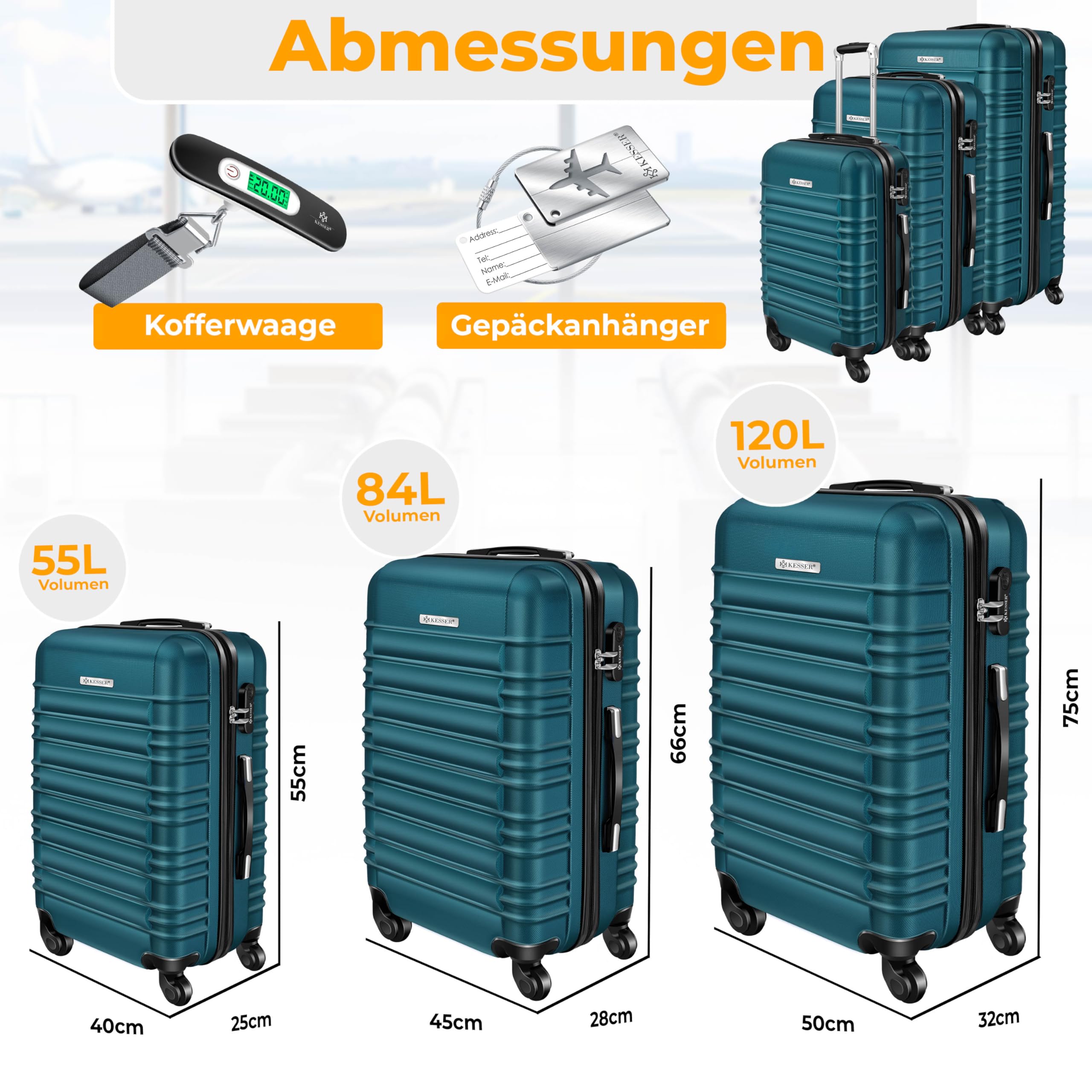 KESSER® Set di 3 valigie rigide, set di valigie da viaggio, set di valigie trolley, incl. bilancia per bagagli + etichetta per bagagli, chiusura per valigie rotolanti, manico telescopico M-L-XL