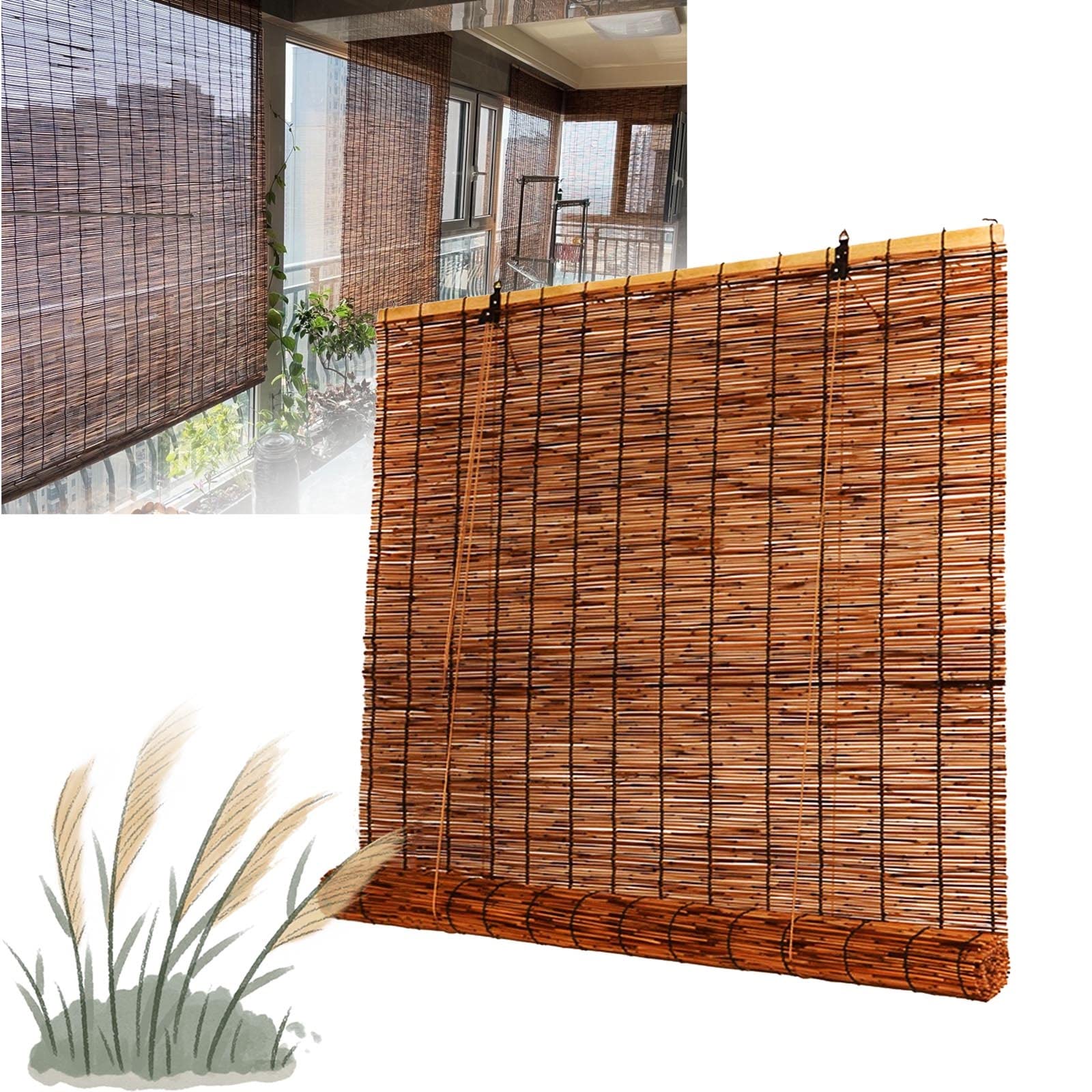 Bamboo Blinds Roll Up Window Shades for Indoor Outdoor Patio Porch Door, 22" 30" 34" 38" 42" 50" 62" 72" Wide Light Filtering Bamboo Curtain Cordless