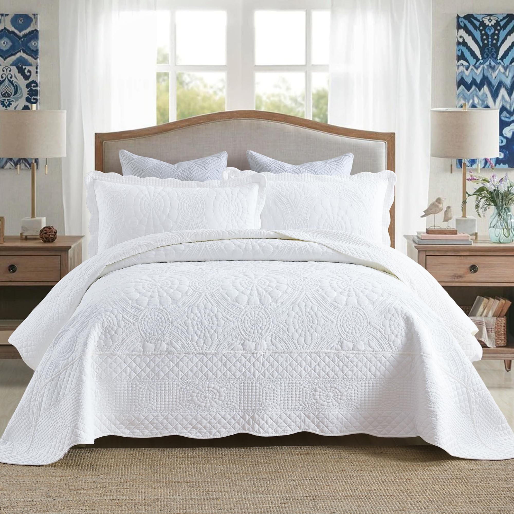 MarCielo 100% Cotton Quilt Set - 3-Piece Embroidered Farmhouse Bedspread &amp; Shams, All-Season Breathable Bedding (Tf Bright White,Queen)