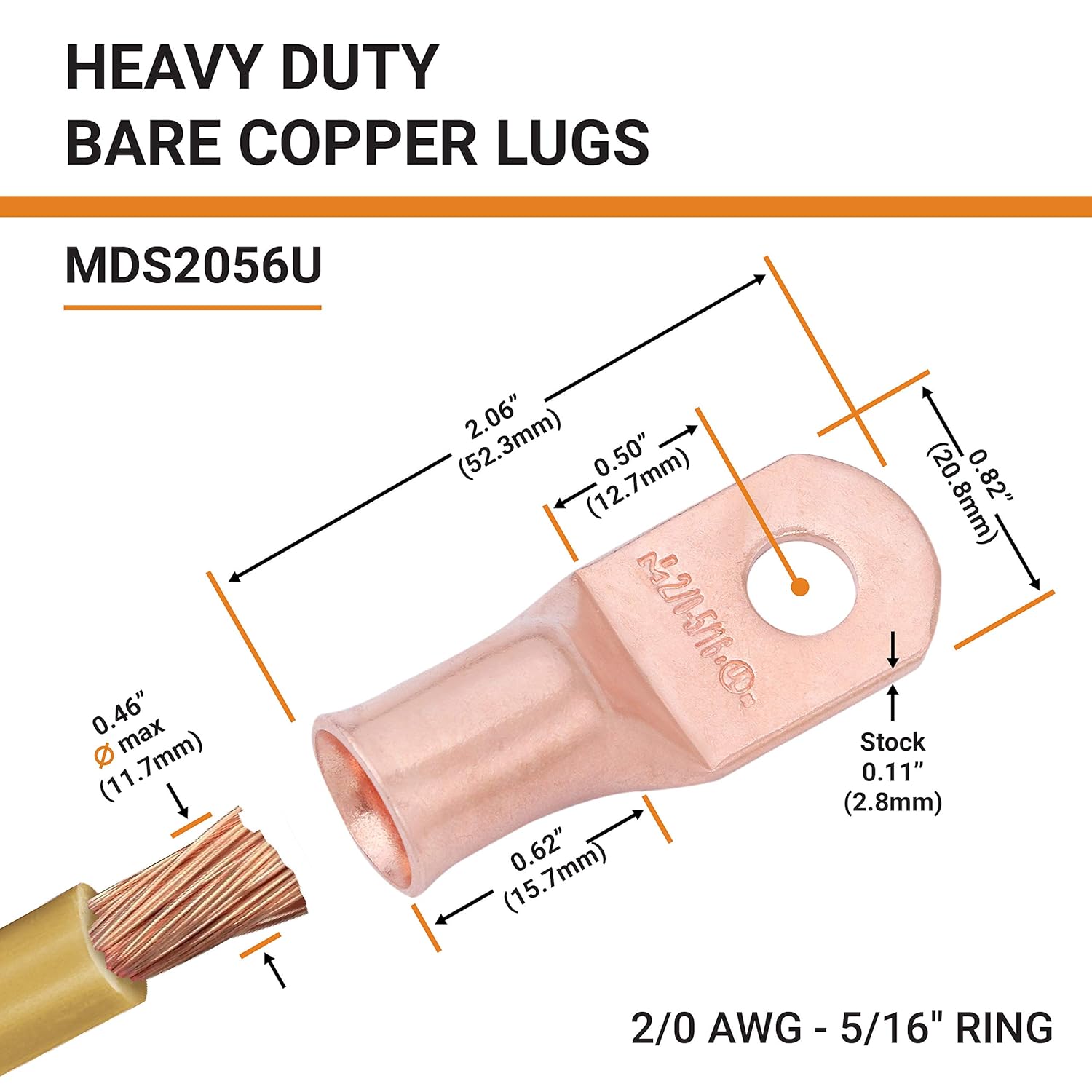 SELTERM 25pcs 2/0 AWG 5/16" Stud Battery Lugs, Ring Terminals, Heavy Duty Copper Wire Lugs, Battery Cable Ends, 00 Gaug Ring Terminal Connectors, UL Bare Copper Eyelets Electrical Battery Cable Lugs