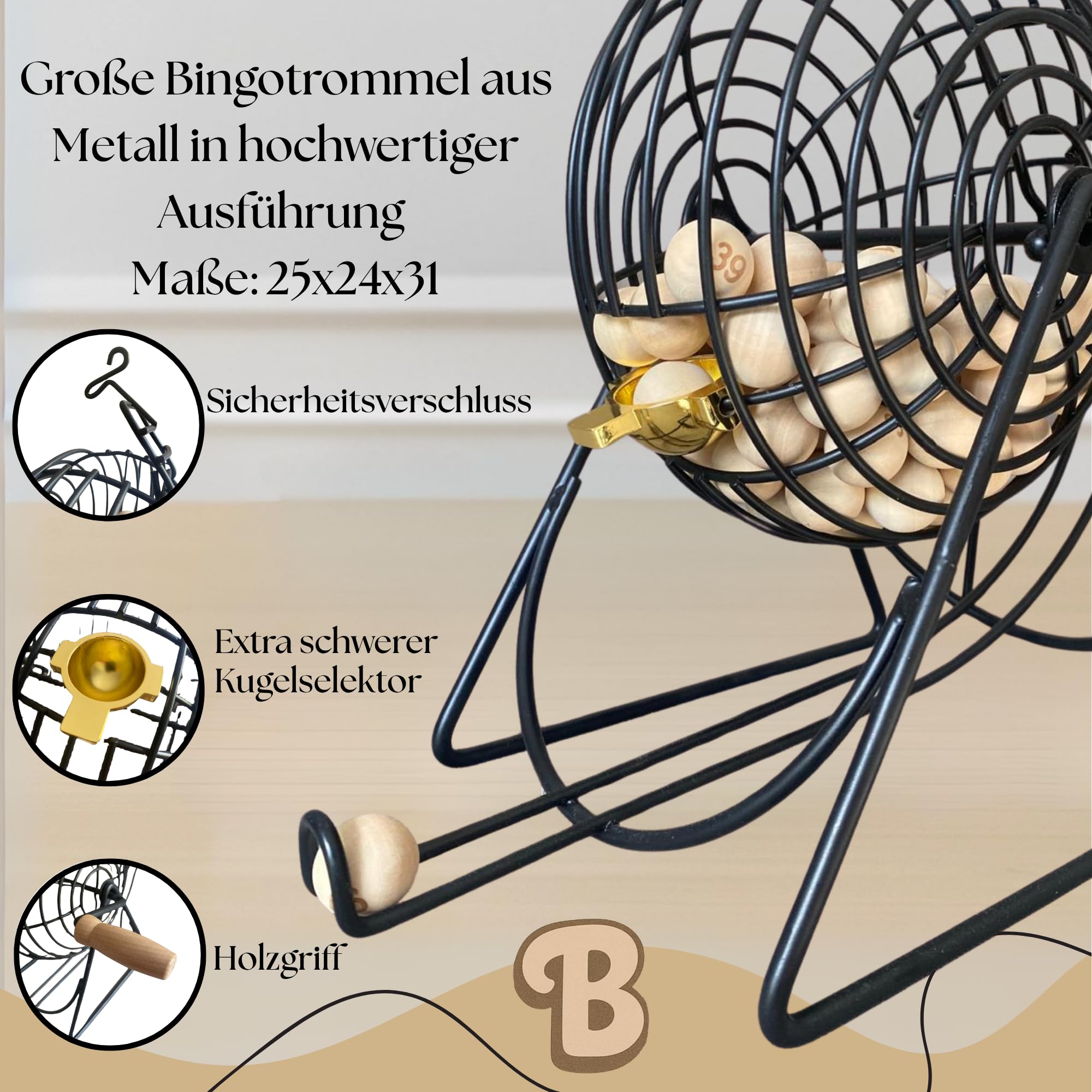 Bingo Spiel – Bingo mit Metalltrommel, 102 Wiederverwendbare Bingo Karten, Spielbrett aus Holz und 90 lasergravierte Holzkugeln. Bingosets – bereit für Familienspaß!