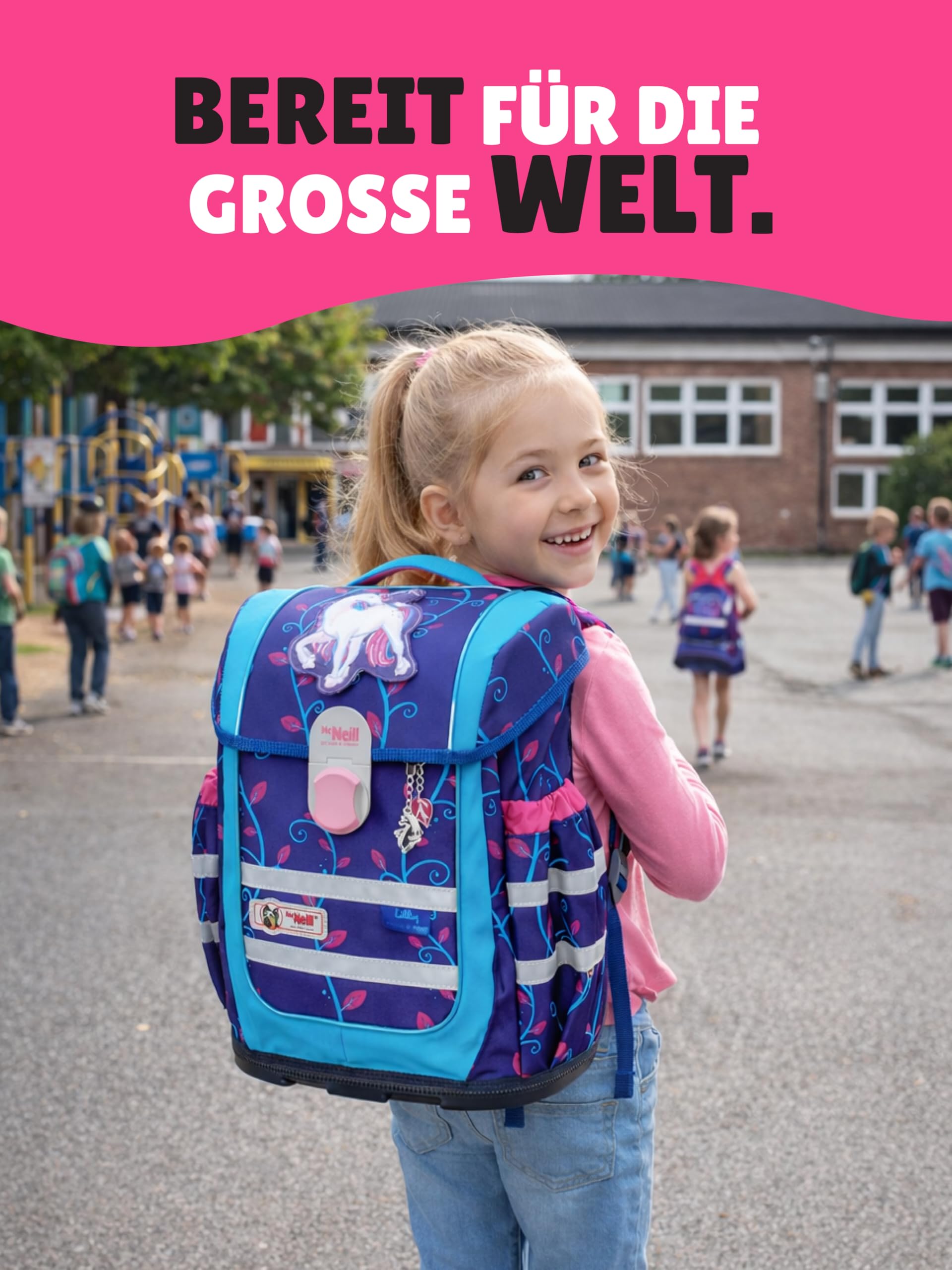 Familando - McNeill Ergo Complete Schulranzen Set - 10-teilig - Lilly Einhorn/Unicorn - Ergonomisch & 3-Fach verstellbar - 1150g leicht mit 20L Volumen & Reflektoren - Für Grundschule ab 1. Klasse