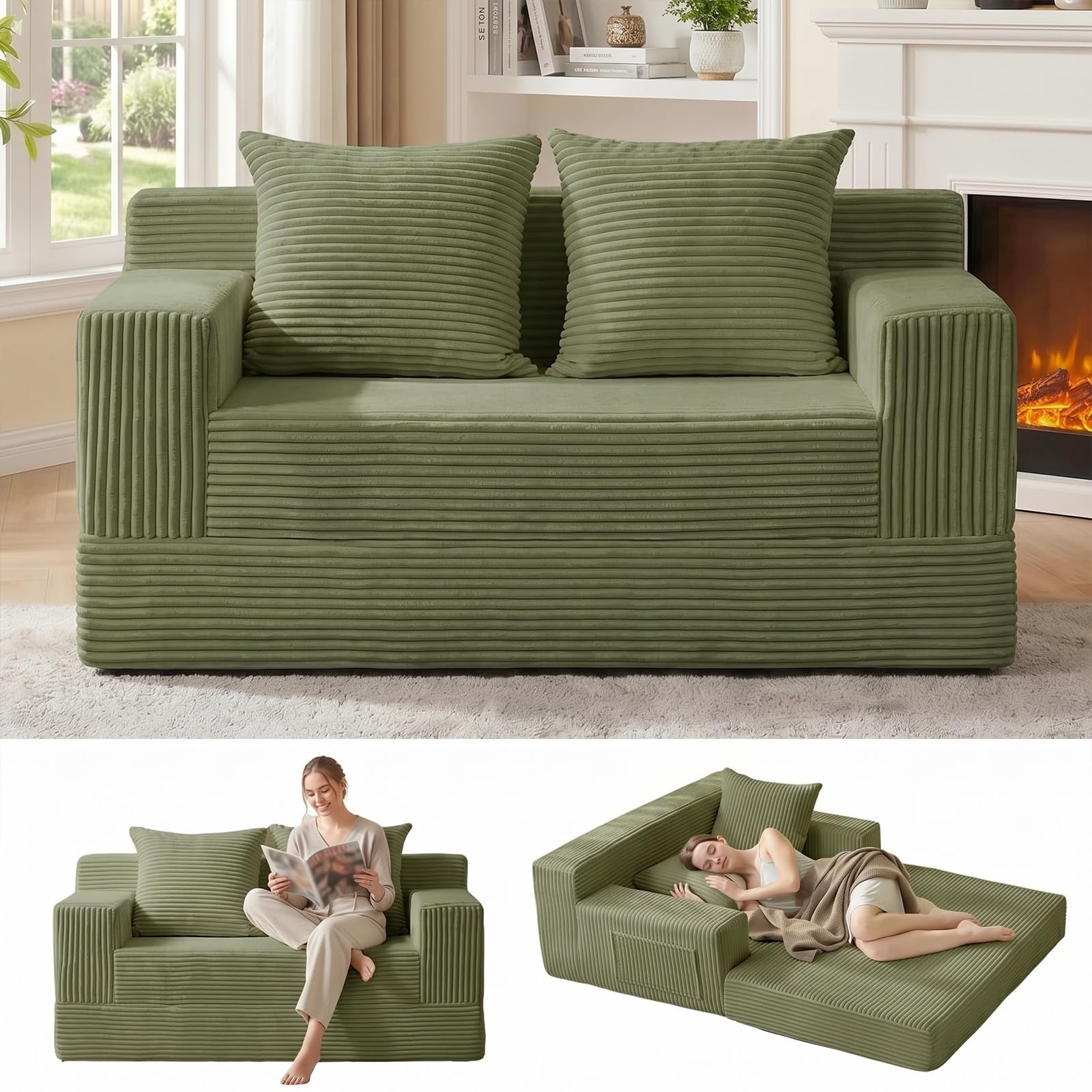 Photo 1 of Erament Boneless Loveseat Convertible Sofa Bed, Folding Floor Futon Sleeper Sofa Couch Bed- Boneless Foldable Couch, Corduroy Pull Out Sofa Bed with 2 Pillows for Living Room & Bedroom