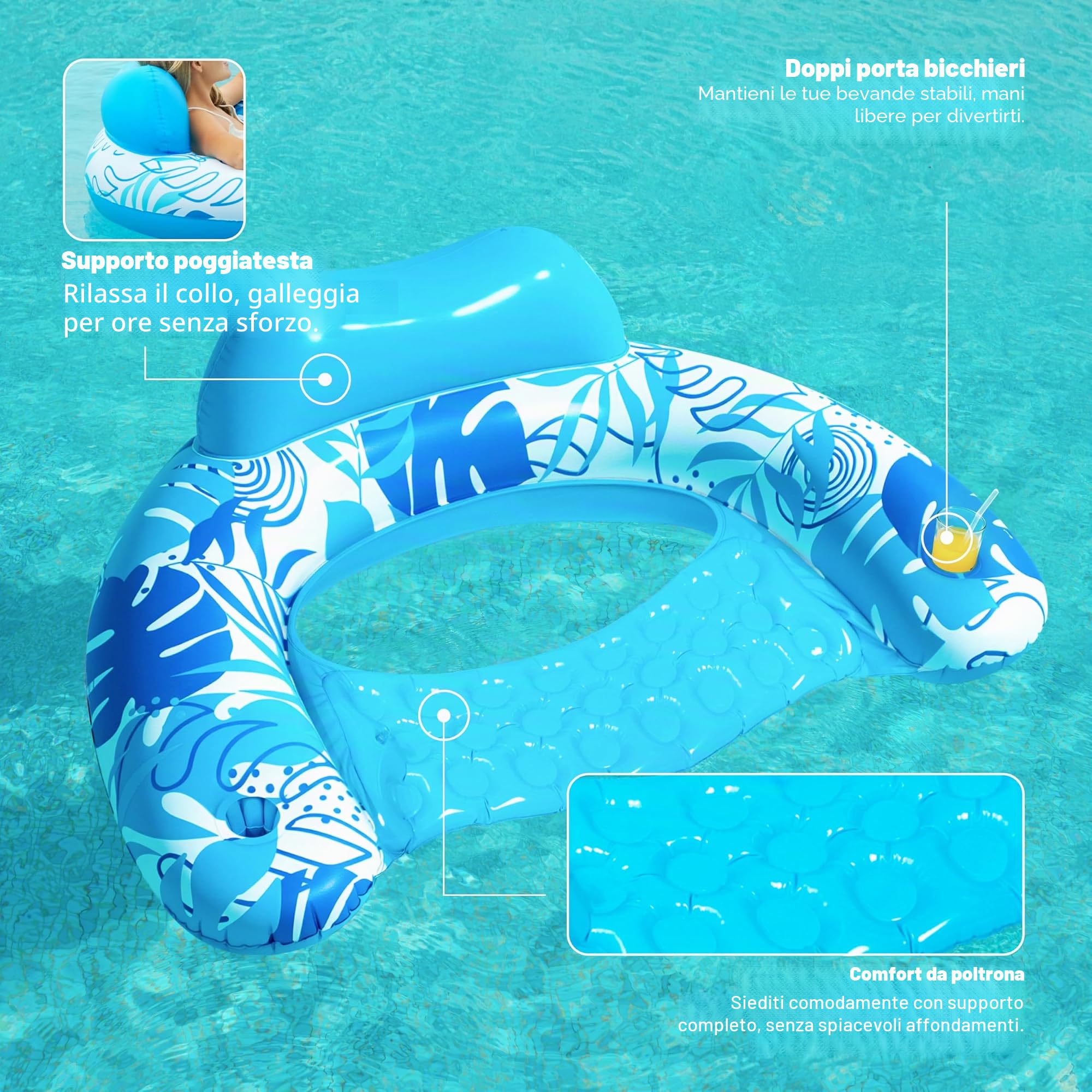 SLOOSH Gonfiabili per Piscina per Adulti, 2 Pezzi Sedie da Piscina con Portabicchieri, Sedia Gonfiabile Galleggiante, Perfetto per Festa Estiva in Piscina e Divertimento in Acqua