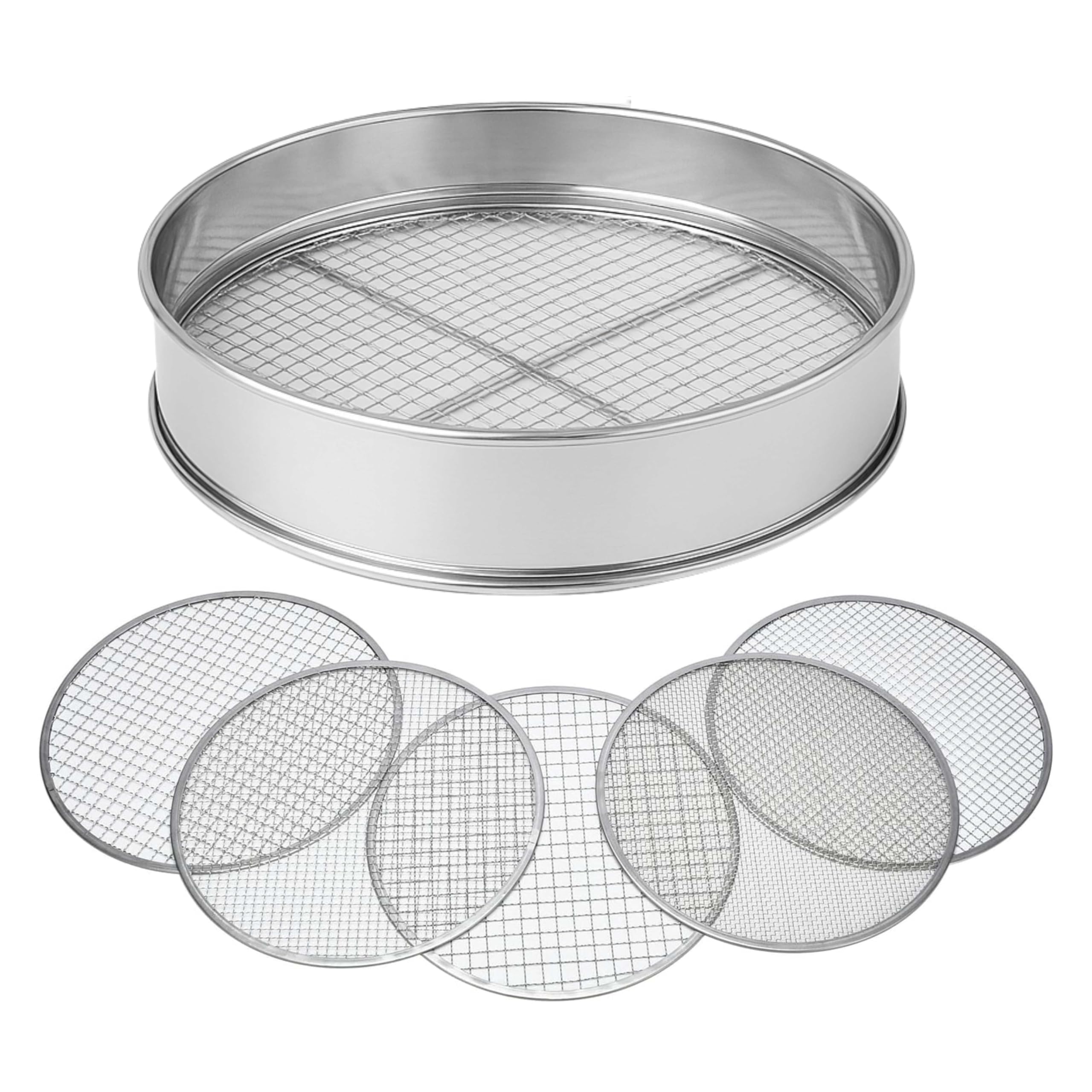 ADEPTNA 5Pcs Stainless Steel Soil Sieve Set Heavy Duty Garden Compost Sifter with 5 Interchangeable Mesh Inserts (3mm, 5mm, 8mm, 10mm, 12mm) Multi-Purpose Sifting Pan for Soil Sand Gravel Compost