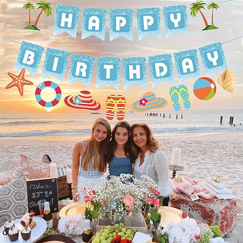 Miniatura 5 de Zwiebeco Decoración de fiesta de feliz cumpleaños junto al mar, letrero azul y blanco, cartel de papel colgante de concha de mar para niños y