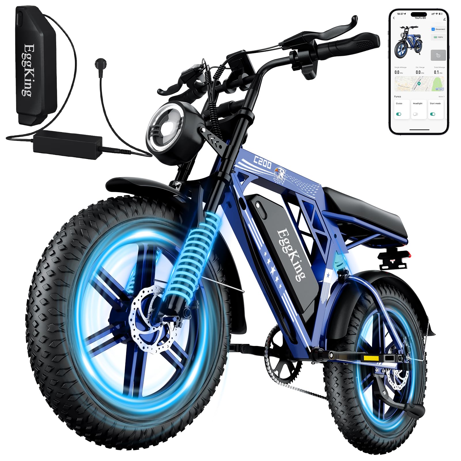 EGGKING Bicicletta Elettrica 20" x 4" Fat Tire, Autonomia 60-80 Km, Doppia Sospensione e 7 Velocità, E-Bike per Adulti, Batteria Rimovibile 48V 17.5 Ah, Display e Controllo APP