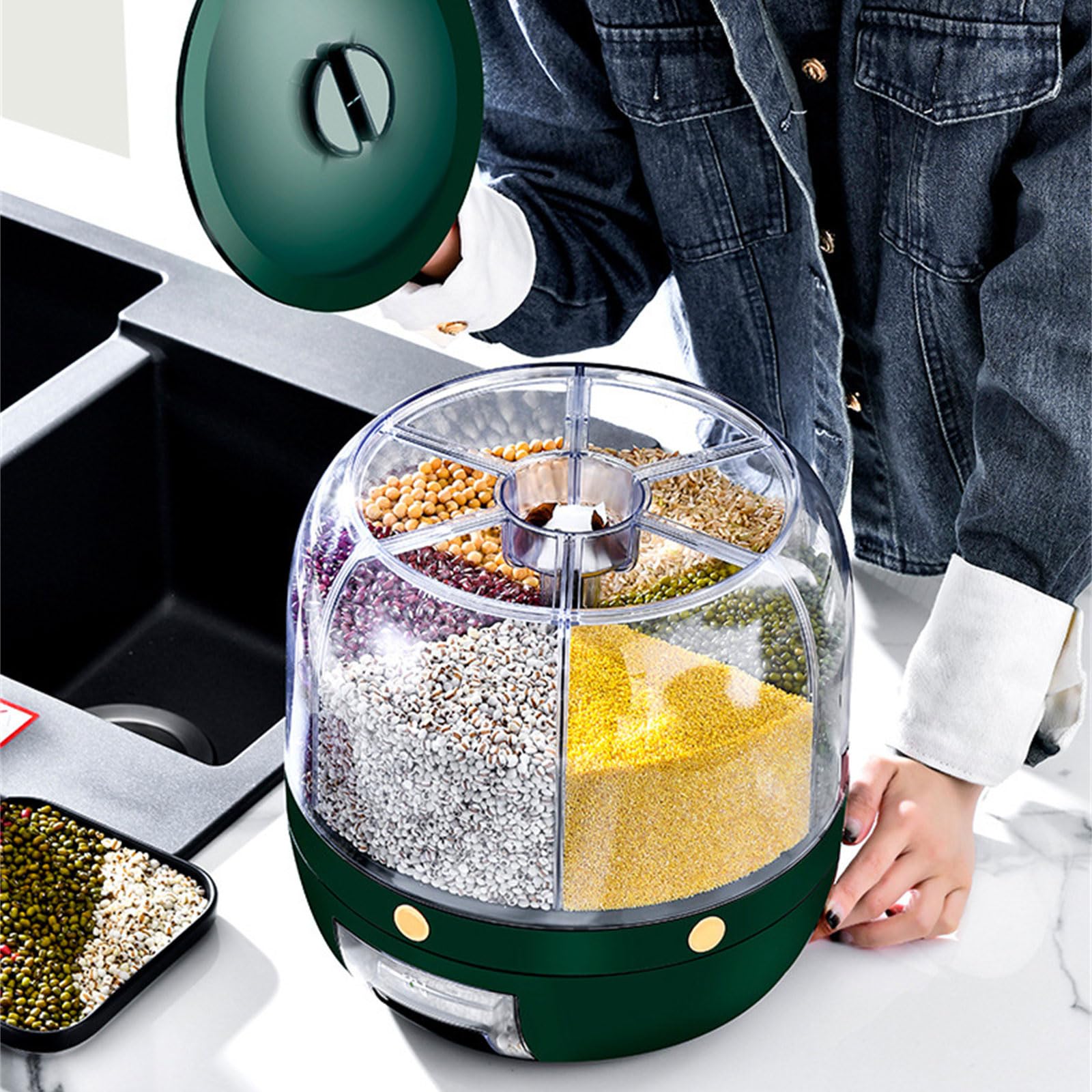 Contenitore per alimenti secchi con 6 sezioni staccabili Dispenser di riso rotante a 360 gradi Porta alimenti da cucina Contenitore per noci e fagioli