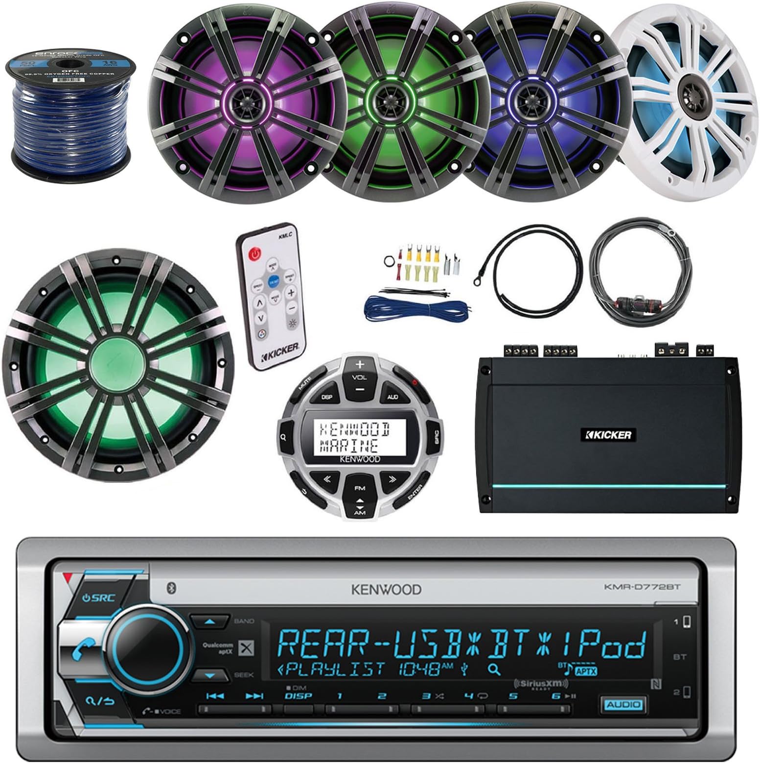 Kenwood KMR-D765BT Marine Stereo Bundle With Remote Control + Kicker 10" LED Subwoofer + 4 Kicker 6.5" Multi Color LED Audio Speakers With Remote + 5-Channel Amp W/ Install Kit + Enrock 100ft Wire
