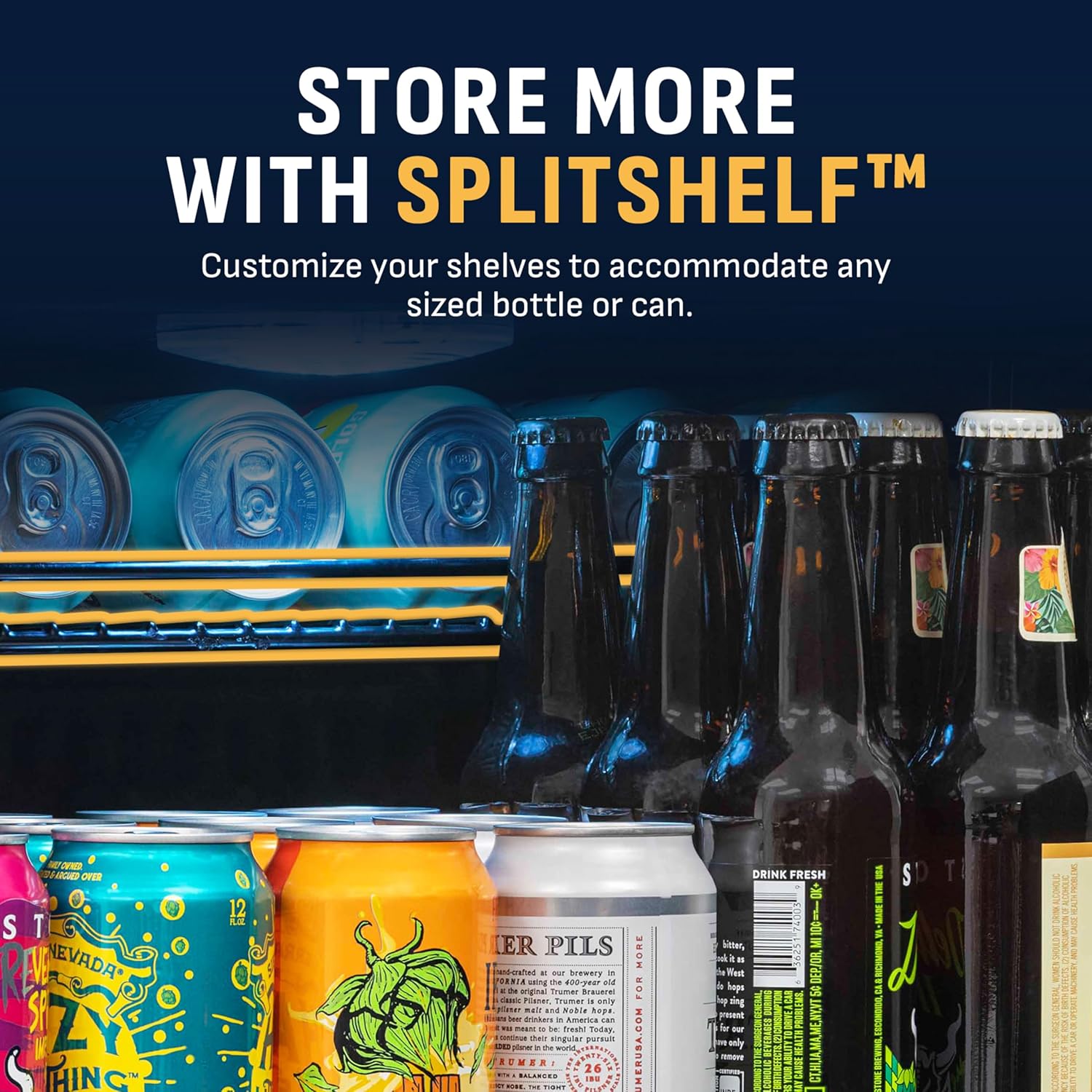 Interior of the NewAir AB-1200BC1 beverage refrigerator demonstrating the SplitShelf™ feature with various sized bottles and cans.