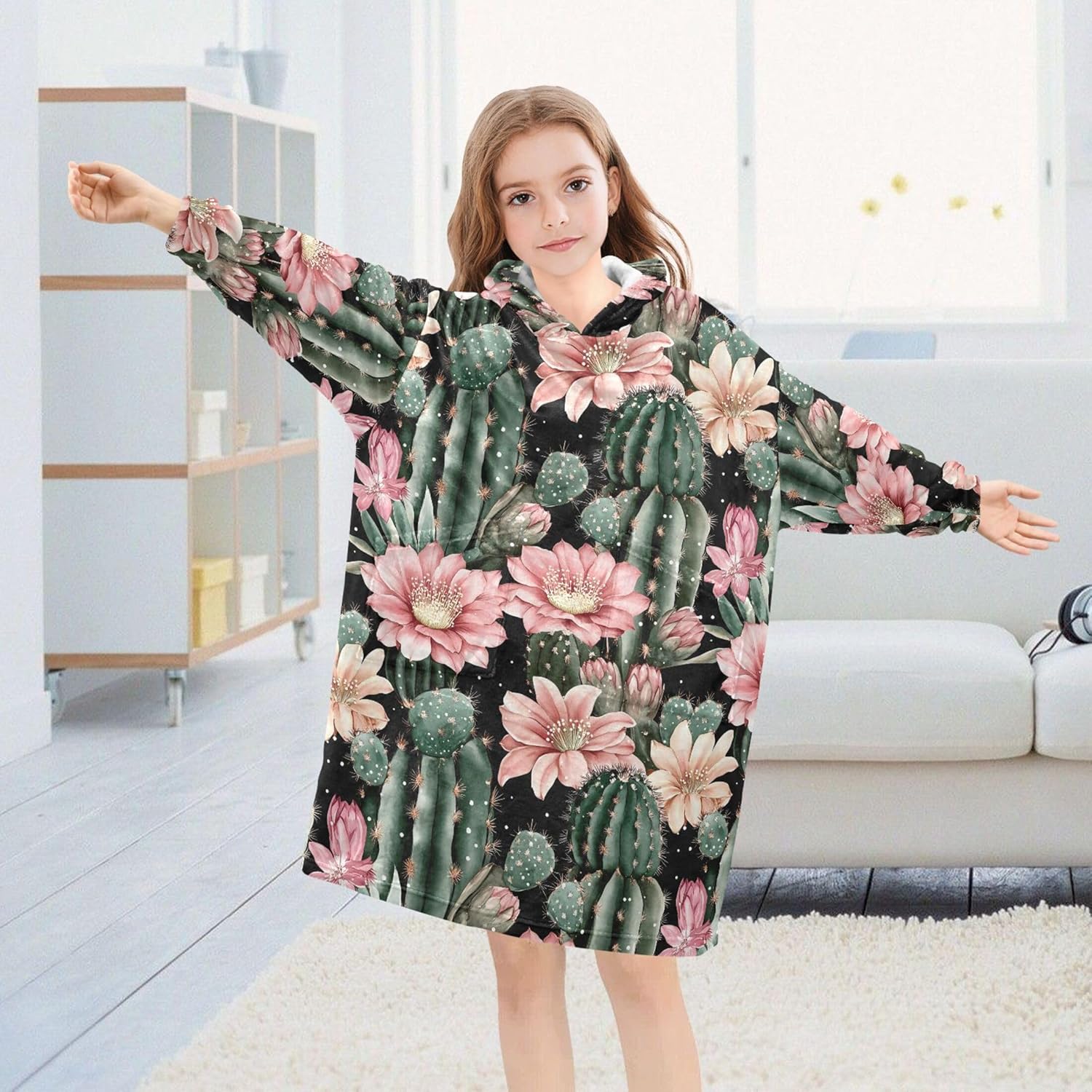 Cactus Flower Kids Wearable Blanket Hoodie with Pocket and Sleeves for Toddlers, Cute Hoodies Girls Boys B0403981