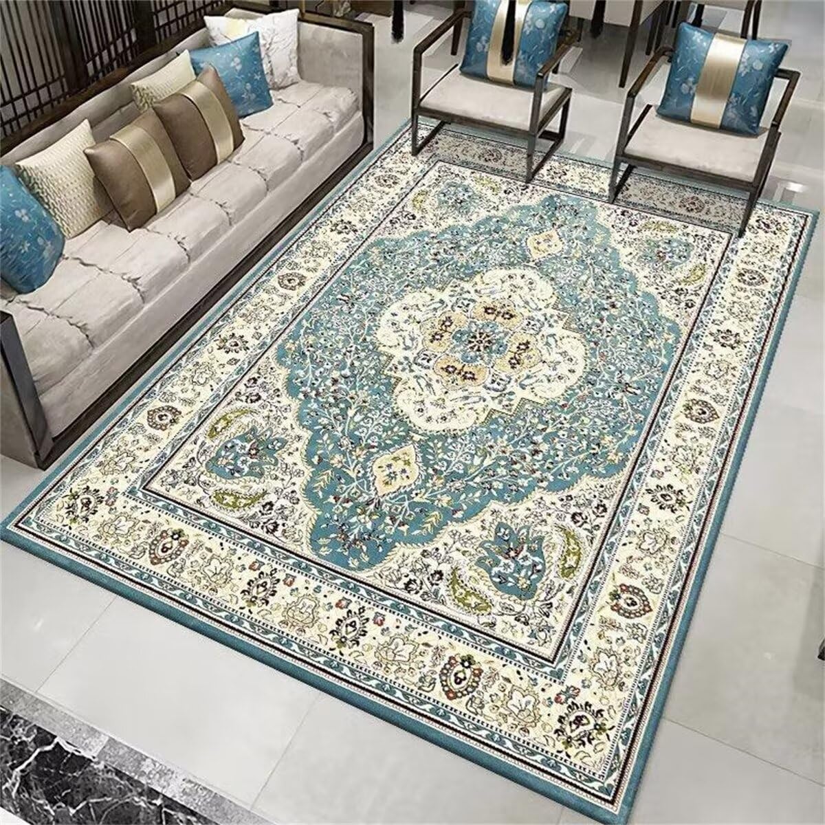 Tapis chambre enfants bleu tapis vintage rectangulaire ado