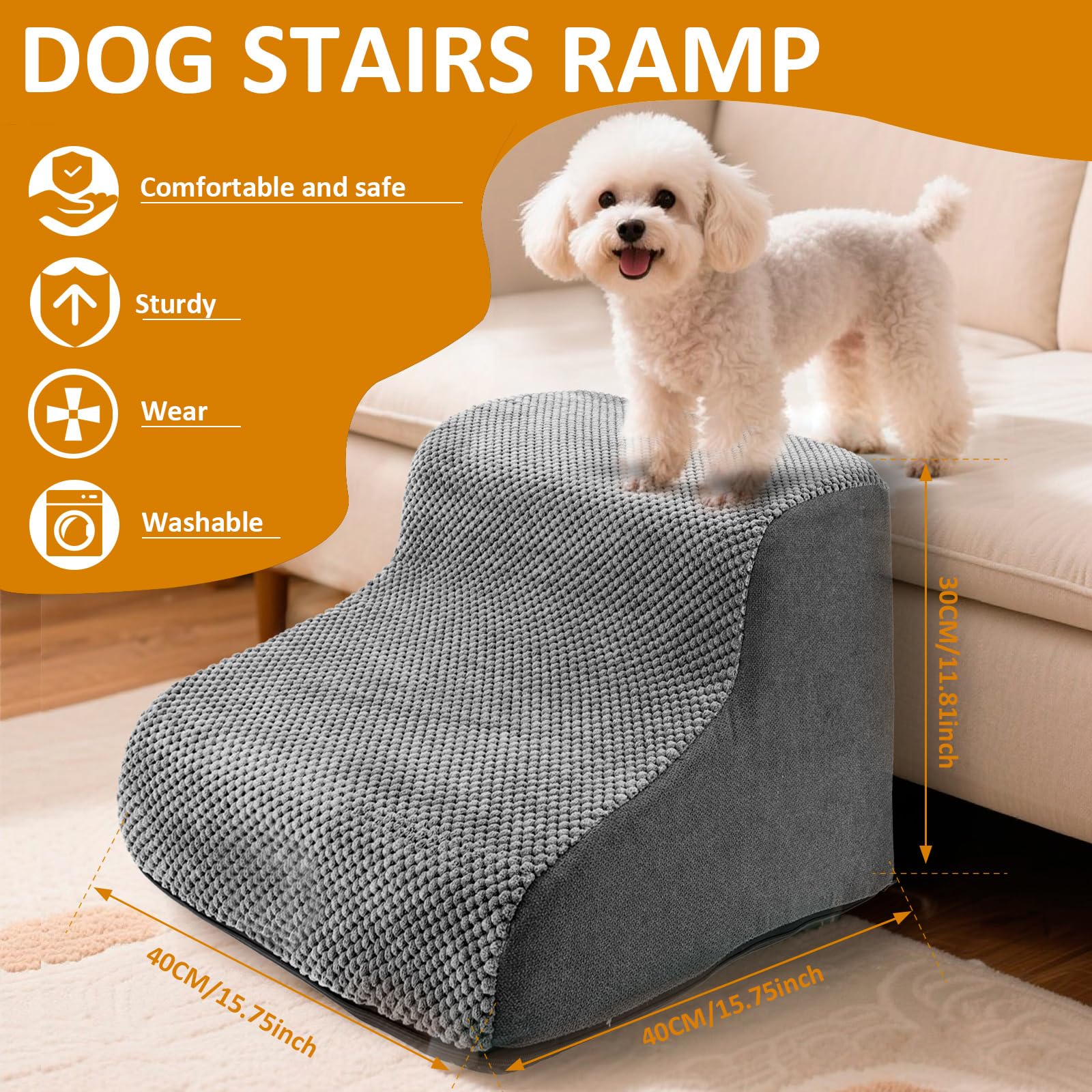 Escalier pour animal domestique, 30 cm, 2 marches, antidérapant, avec housse en velours 3D, lavable, pour petits chiens, éponge de qualité supérieure, rampe pour chien à pattes courtes
