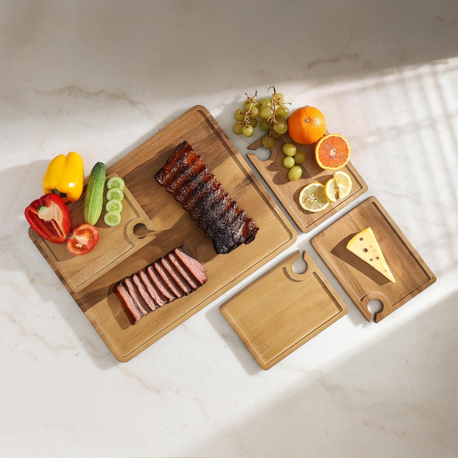SANGO Atelier Acacia Wood Wine Appetizer Set with Serving Tray- 5-Piece Reversible Charcuterie and Cheese Board Collection for Entertaining and Hosting Gifts in Professional Kitchens
