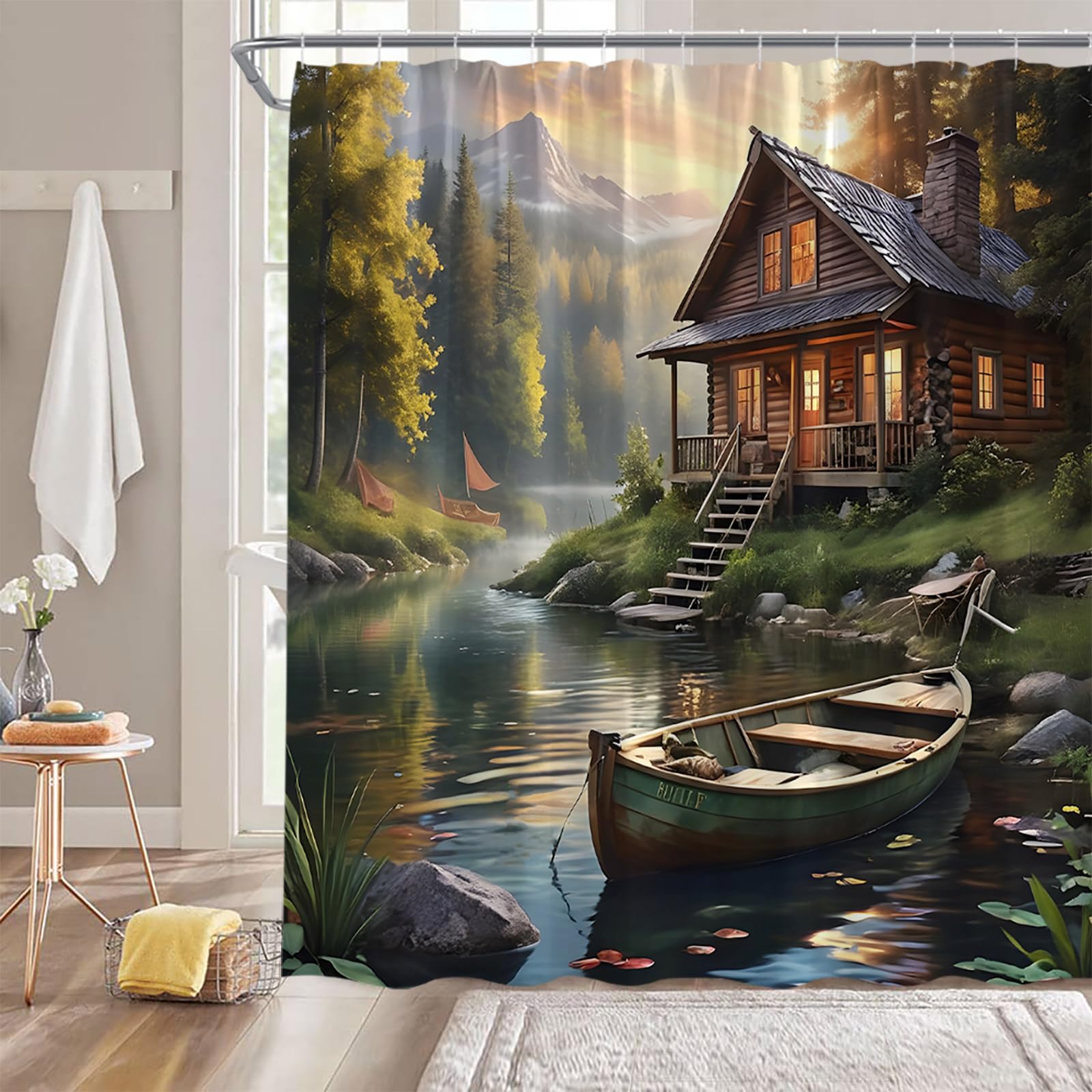 MYYJYY Cabin Shower Curtain Forest Farmhouse Stream Lake House Lodge Montains Nature Landscape Brown 70" Wx70 H Fabric Bathroom Decor Curtain with