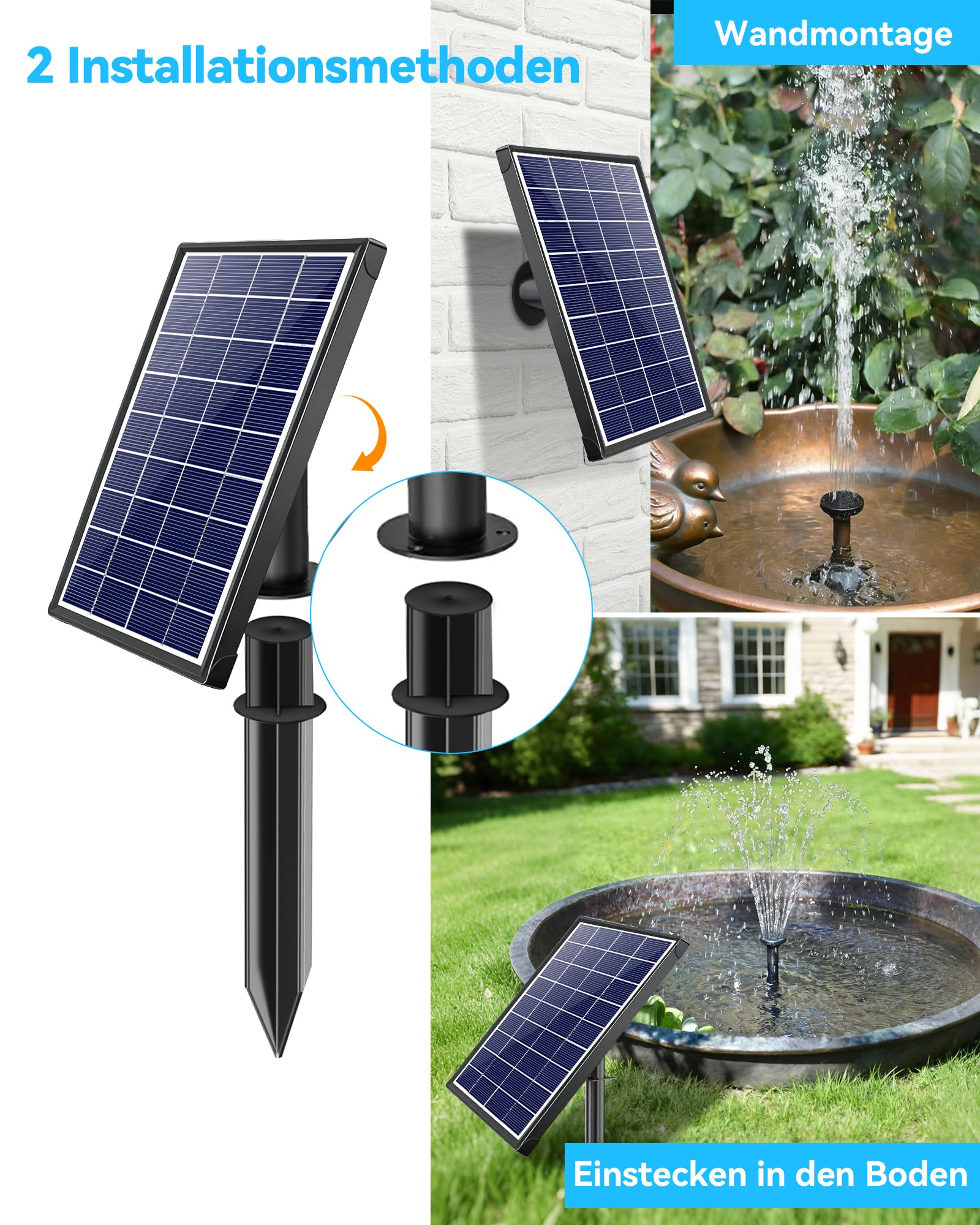 POPOSOAP Solar Springbrunnen für Außen, 6,5 W 240 L/h Solarbrunnen mit integriertem 3000 mAh Akku, Stabiler Sprühbetrieb für Gartenteich, Vogeltränke und Gartens Wasserspielereien