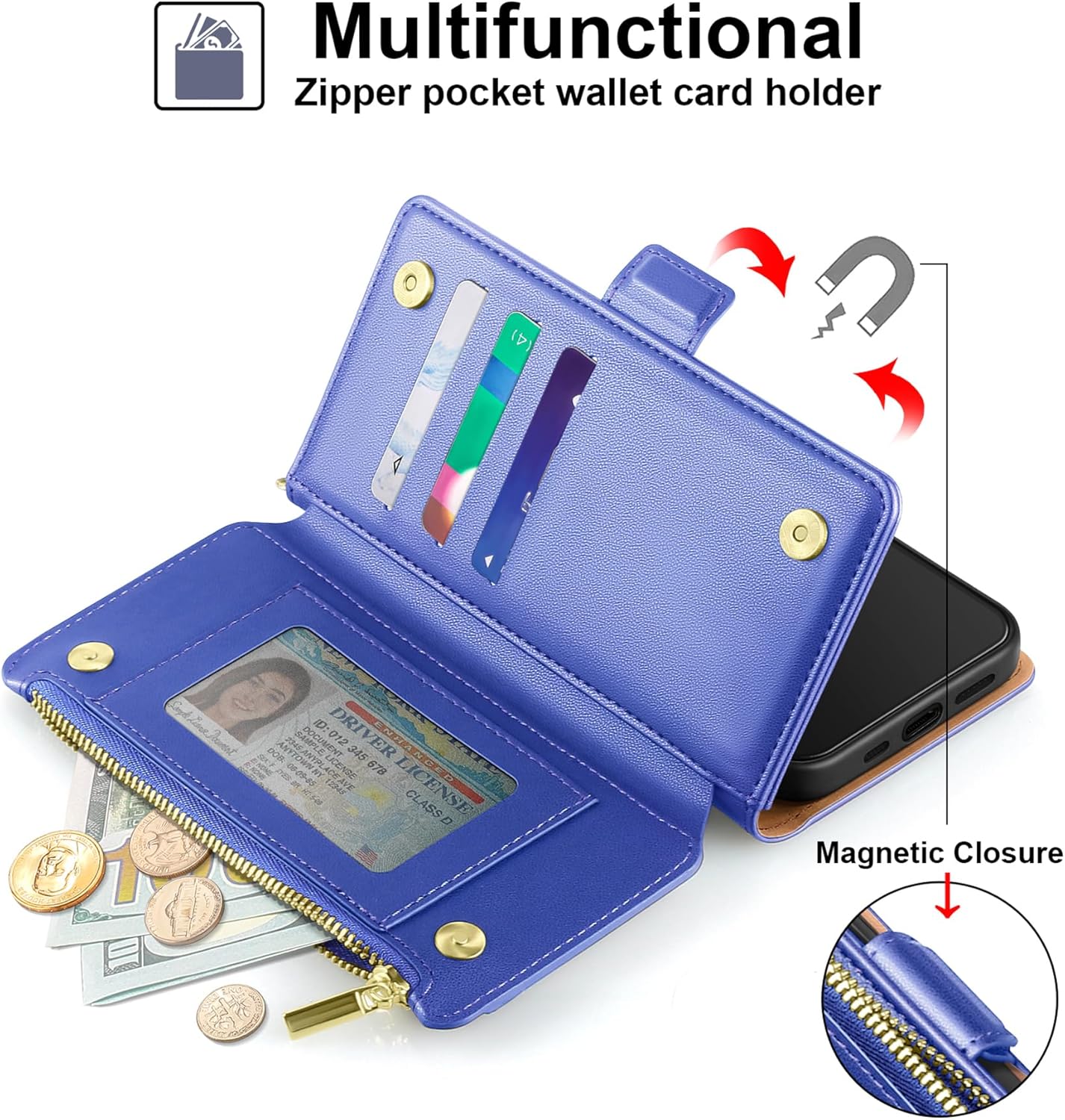 Antsturdy Compatible with iPhone 15 Pro Wallet Case Card Holder【RFID Blocking】 PU Leather Phone Case Women Men Flip Protective Cover Wrist Strap Zipper Credit Card Slots,for Apple 15 Pro,Purple Blue