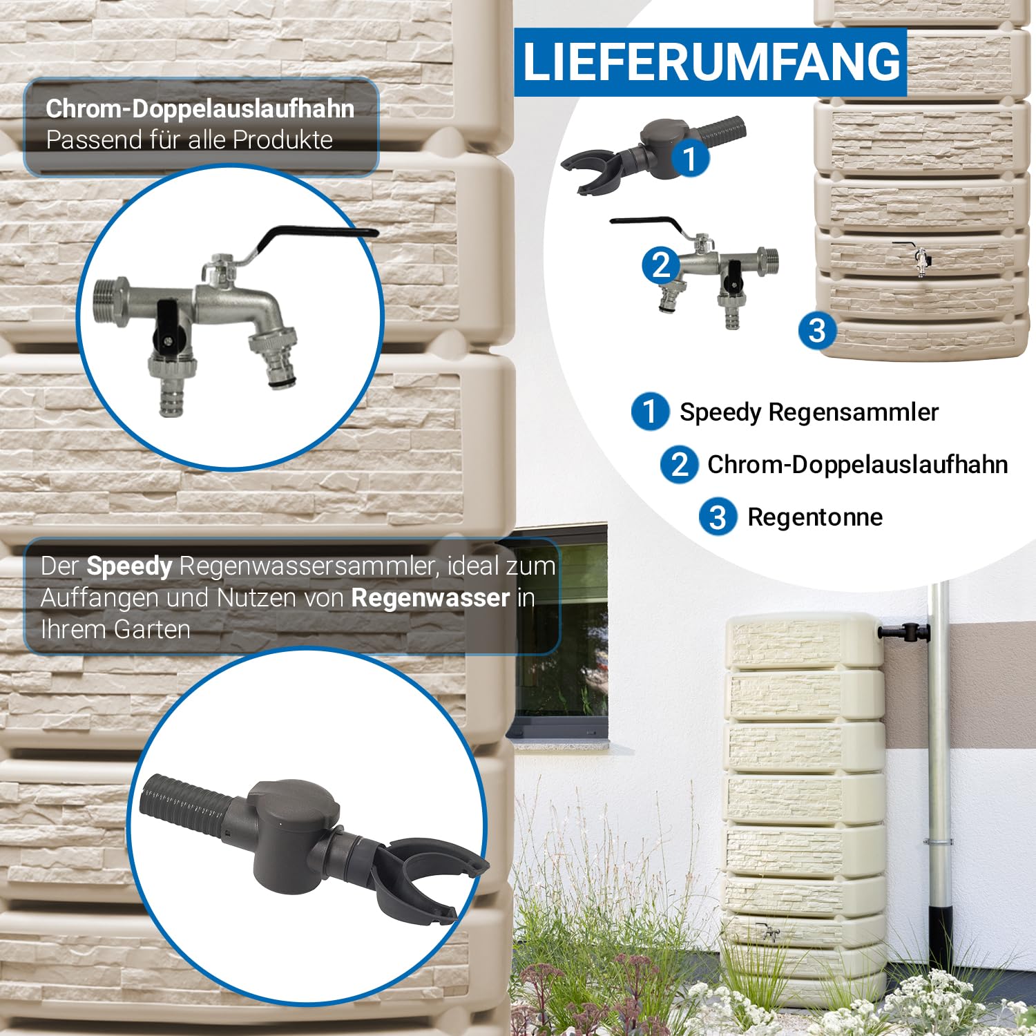 4rain Slim Stone Decor Regentonne Wandtank Komplett-Set 500 Liter | sandbeige inkl. Chrom-Doppelauslaufhahn und Fallrohranschluss